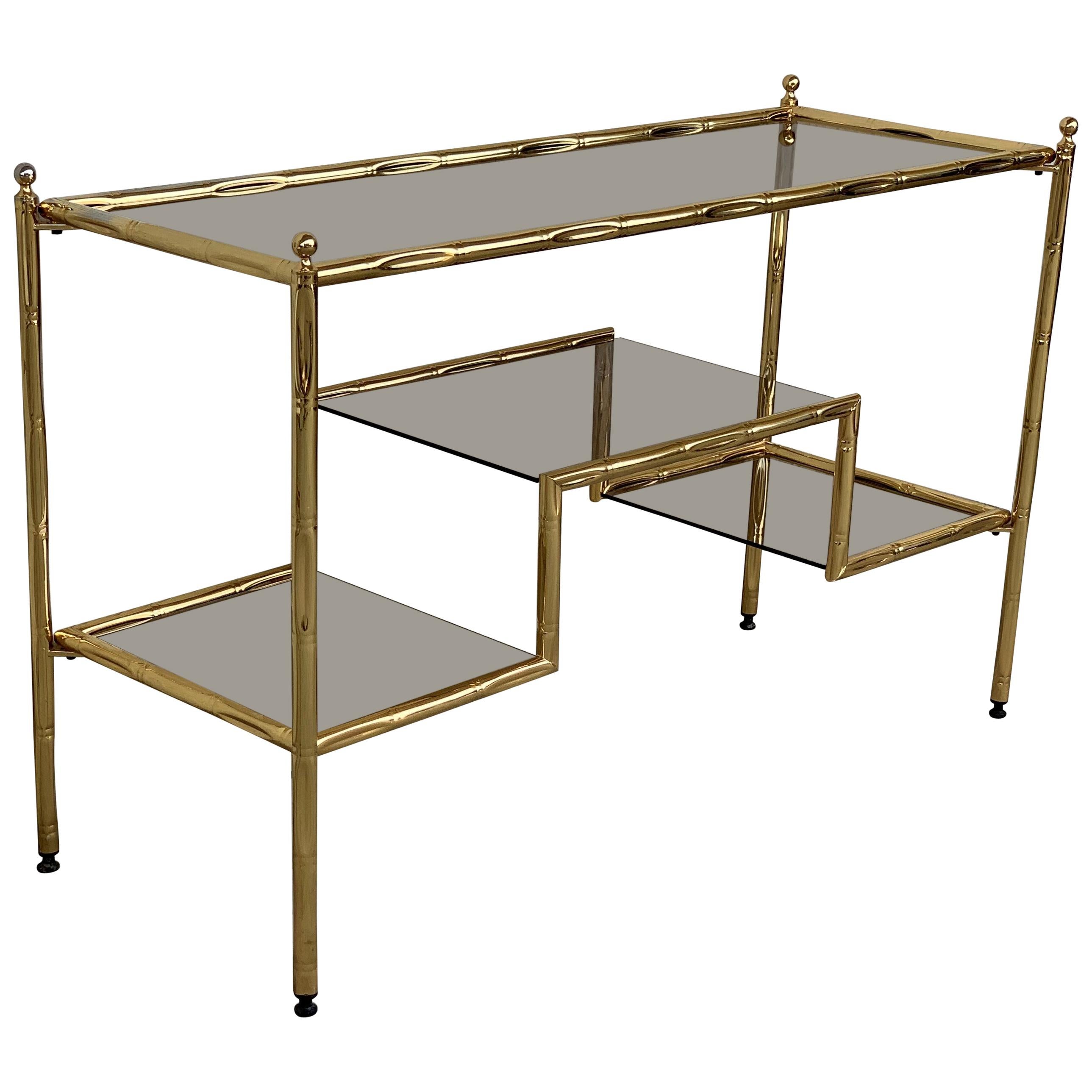 Mid-Century Modern Italian Faux Bamboo Gilt Metal Console with Smoked Glass For Sale