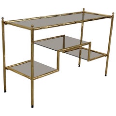 Vintage Mid-Century Modern Italian Faux Bamboo Gilt Metal Console with Smoked Glass