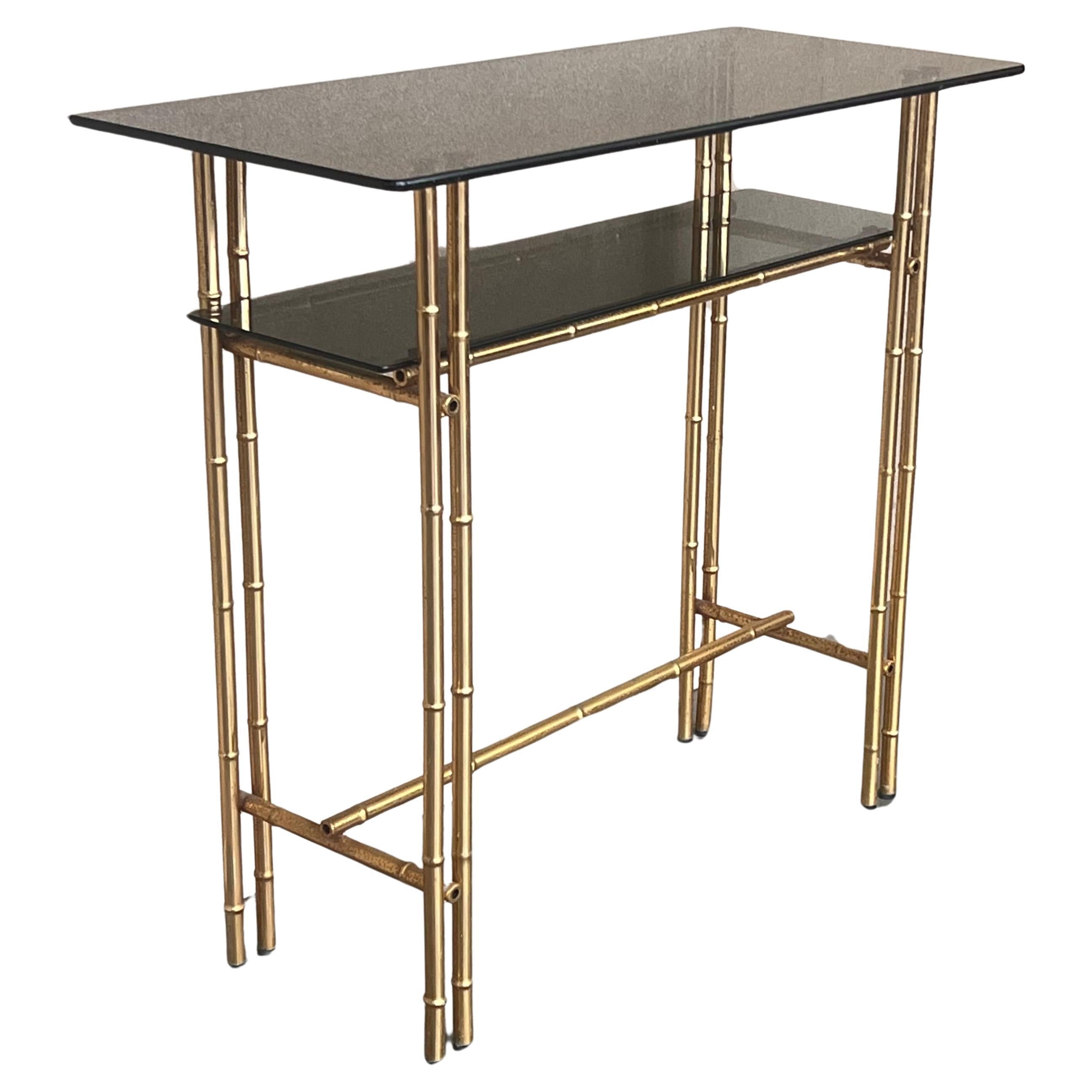 Mid-Century Modern Italian Faux Bamboo Gilt Metal Console with Smoked Glass For Sale