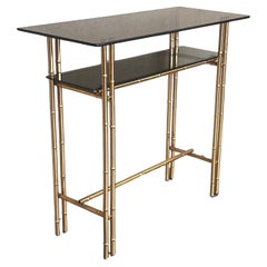 Vintage Mid-Century Modern Italian Faux Bamboo Gilt Metal Console with Smoked Glass