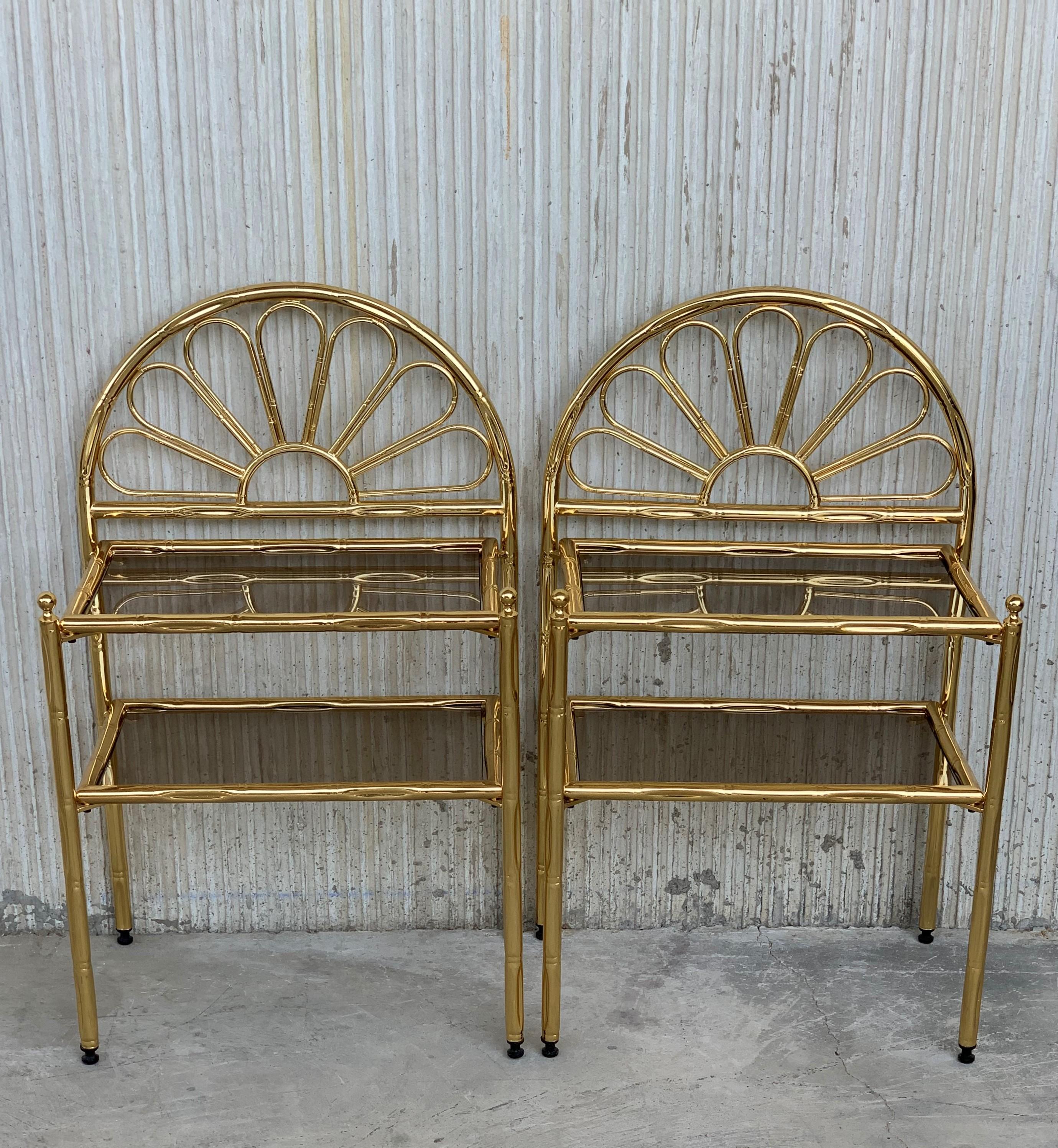 Mid-Century Modern Italian Faux Bamboo Gilt Metal NightStands with Smoked Glass In Good Condition In Miami, FL
