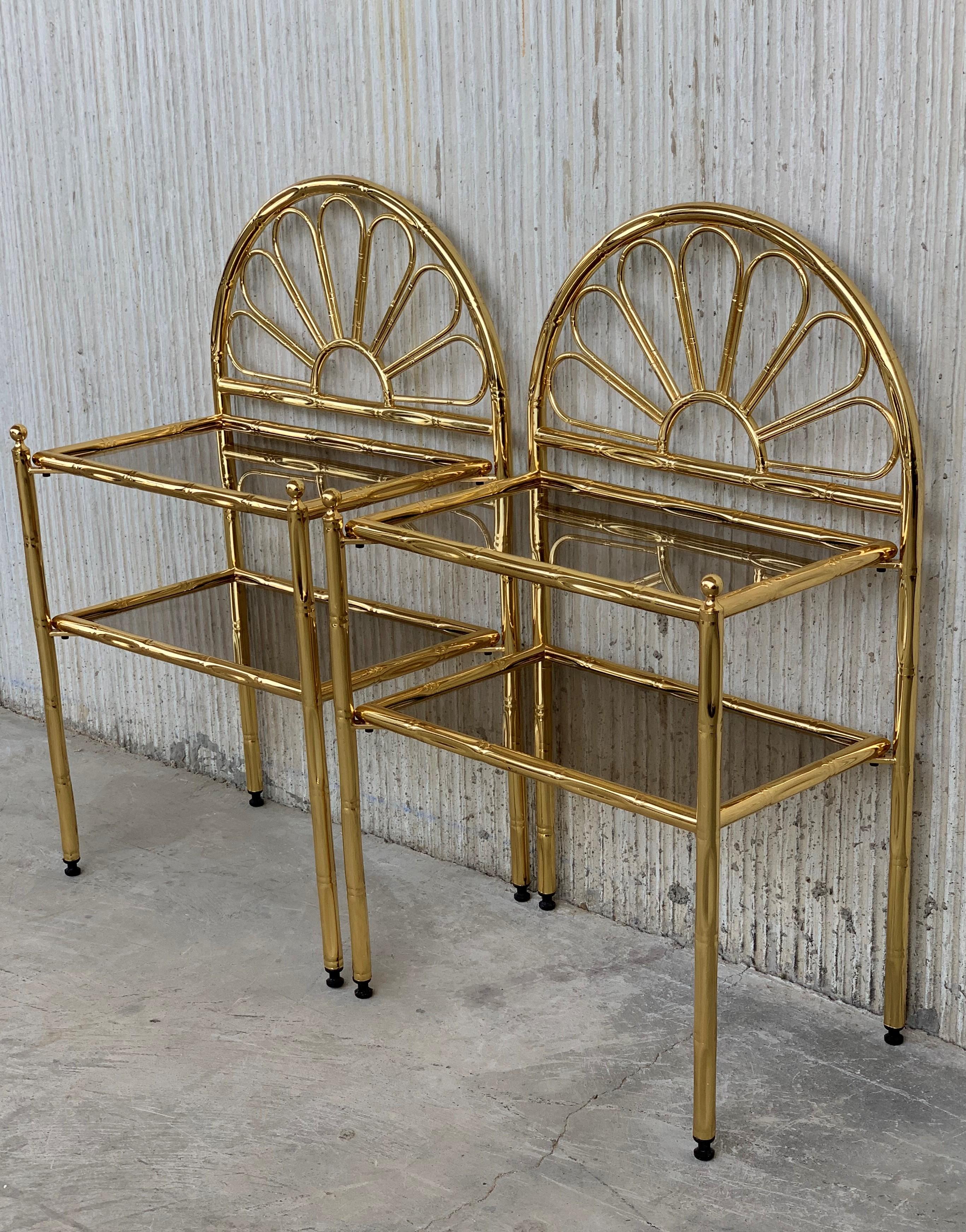 20th Century Mid-Century Modern Italian Faux Bamboo Gilt Metal NightStands with Smoked Glass