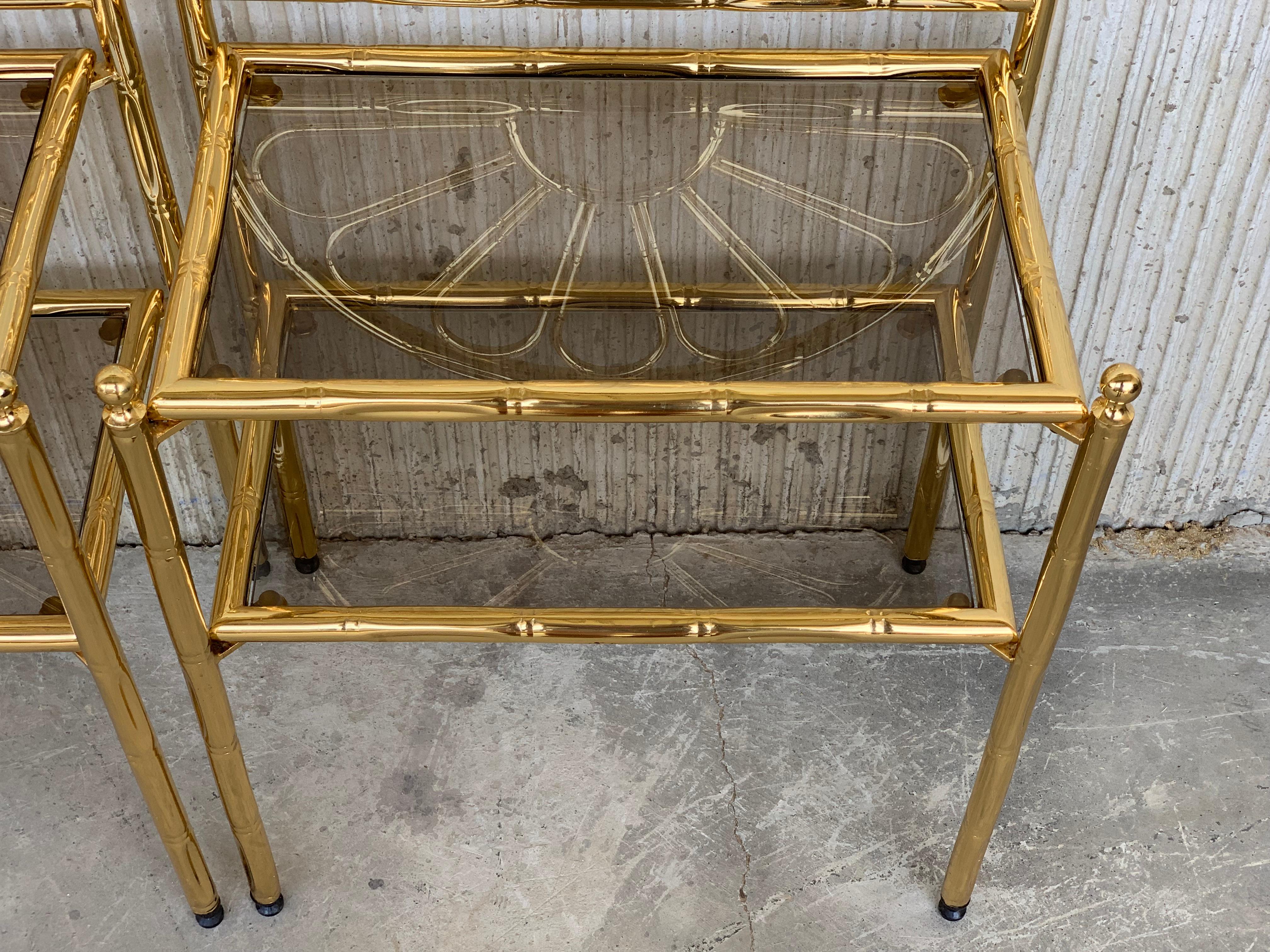 Mid-Century Modern Italian Faux Bamboo Gilt Metal NightStands with Smoked Glass 3