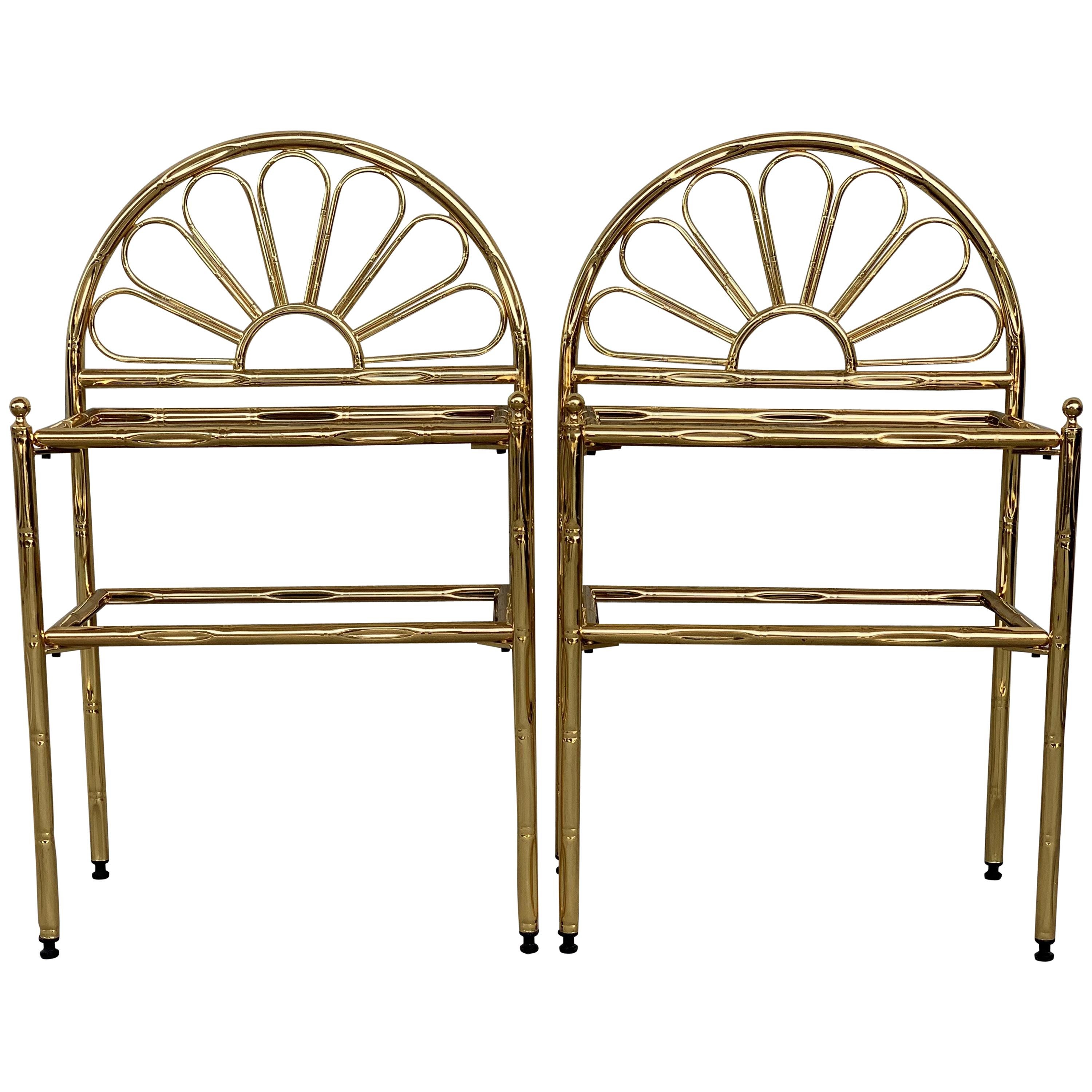 Mid-Century Modern Italian Faux Bamboo Gilt Metal NightStands with Smoked Glass