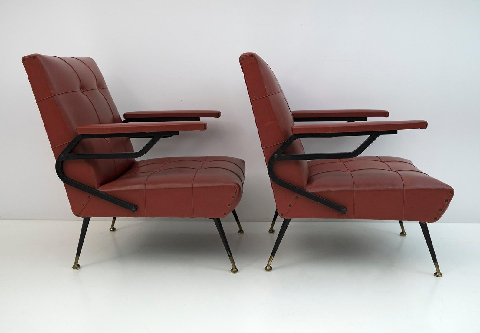 Metal Mid-Century Modern Italian Faux Leather Small Armchair, 1960s For Sale