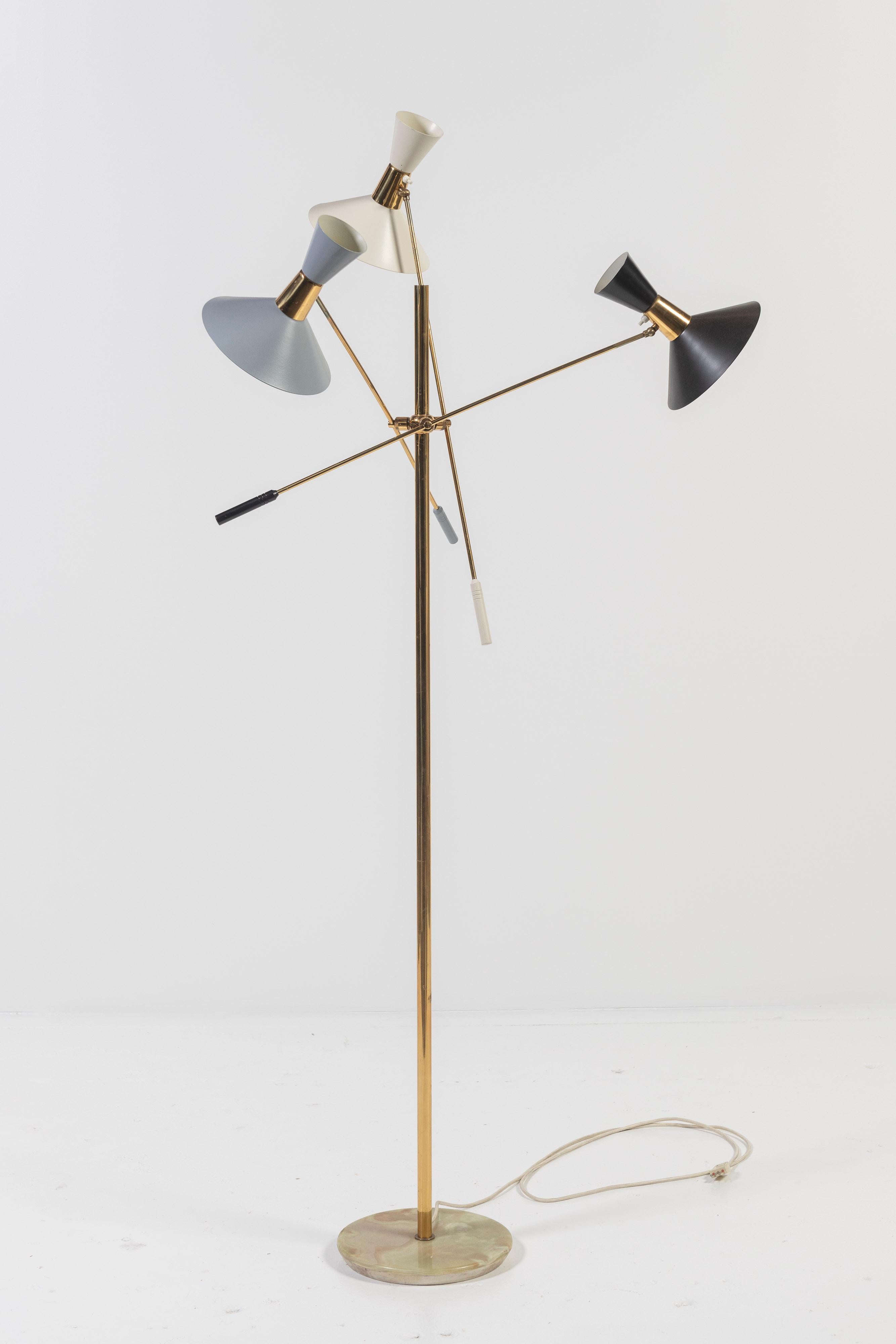 Mid-Century Modern Italian Floor Lamp, Lacquered Aluminum Shades with Three Arms In Good Condition For Sale In San Francisco, CA