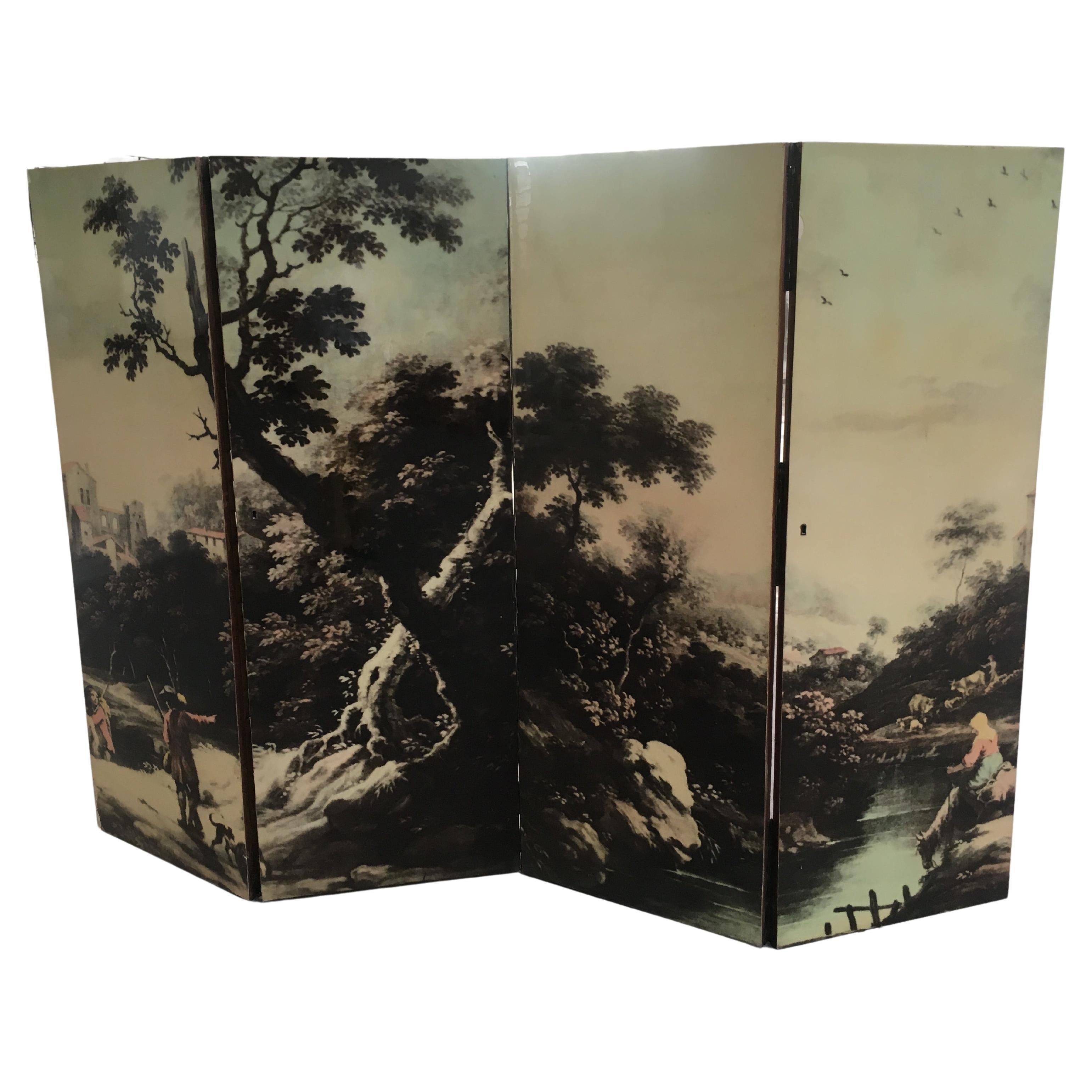 Mid-Century Modern Italian Folding Four-Panel Decorated Screen by Enzo Strada For Sale