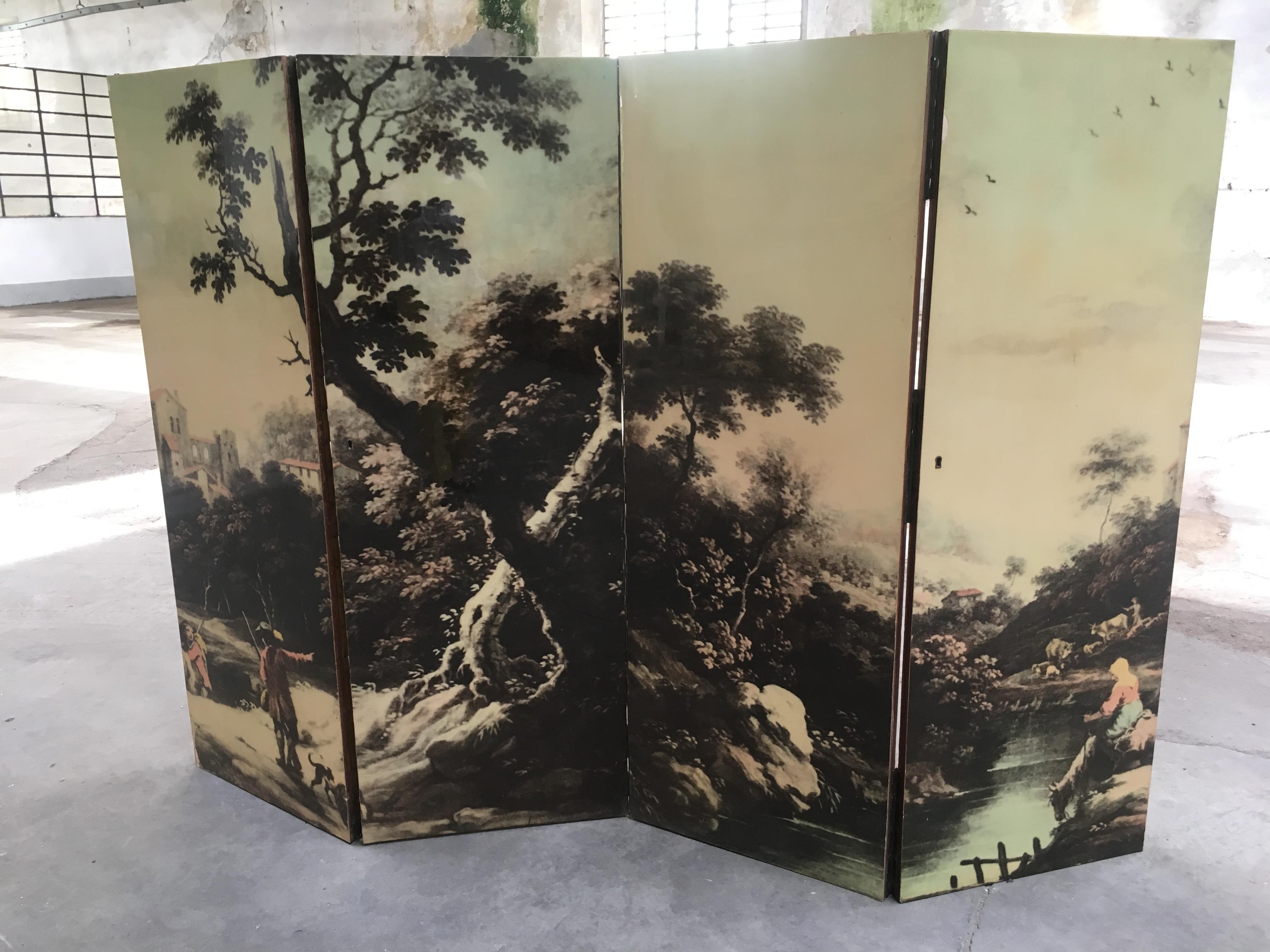 Mid-Century Modern Italian folding four panels screen with bucolic transfer painting, 1950s.