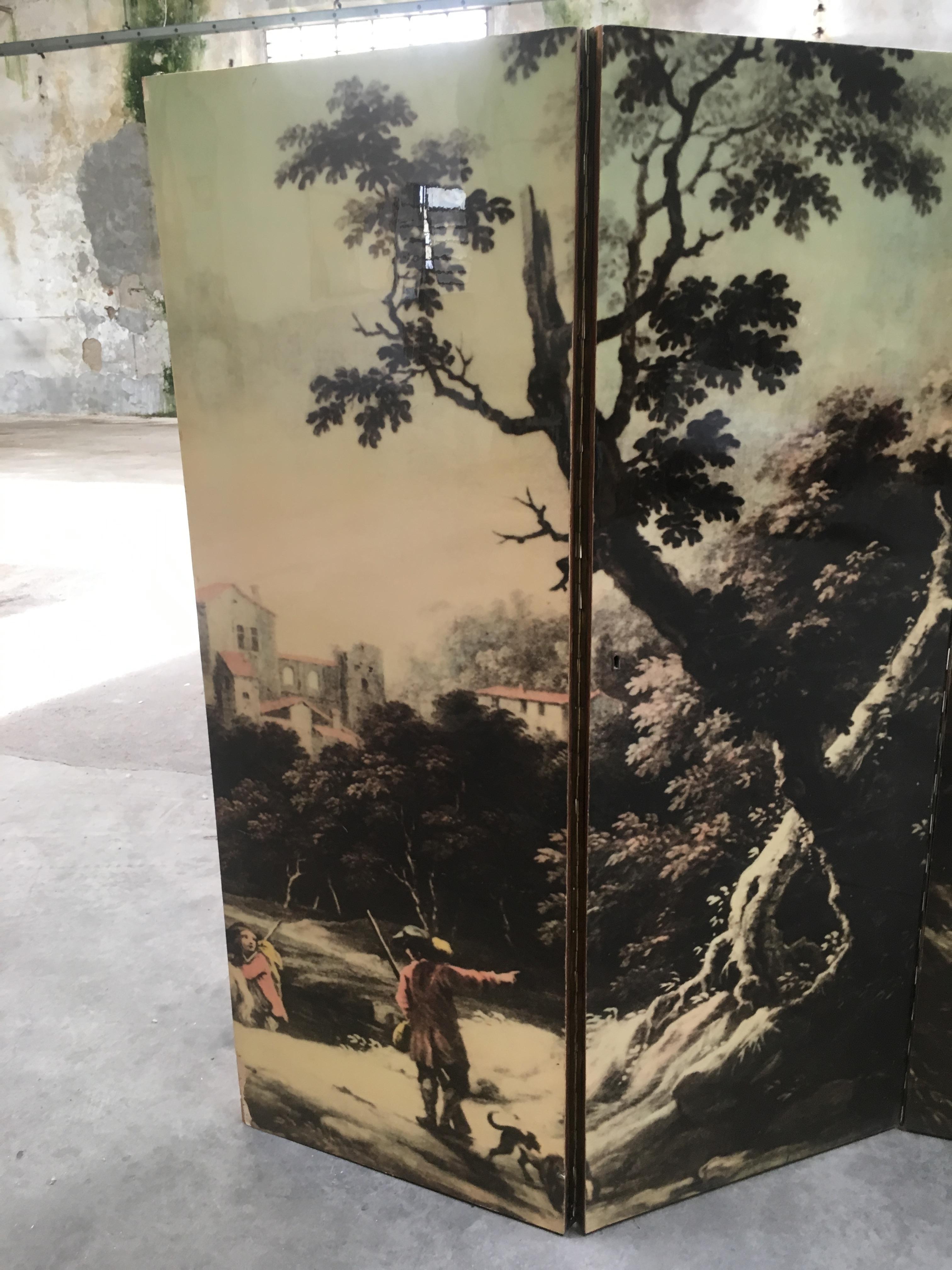 Mid-Century Modern Italian Folding Screen with Bucolic Transfer Painting, 1950s In Good Condition In Prato, IT