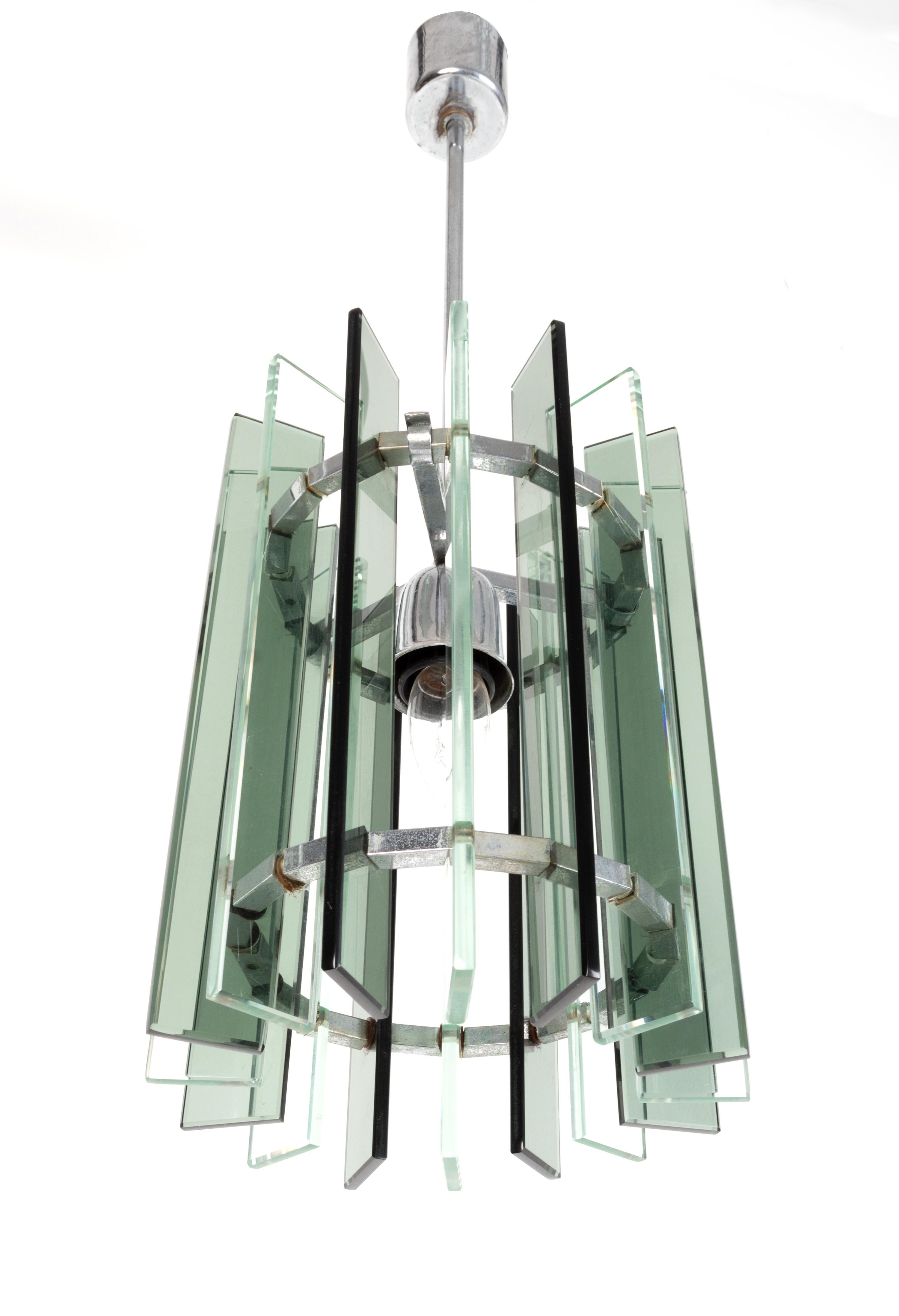 20th Century Mid-Century Modern Italian Fontana Arte Style Glass and Nickel Pendant Light For Sale