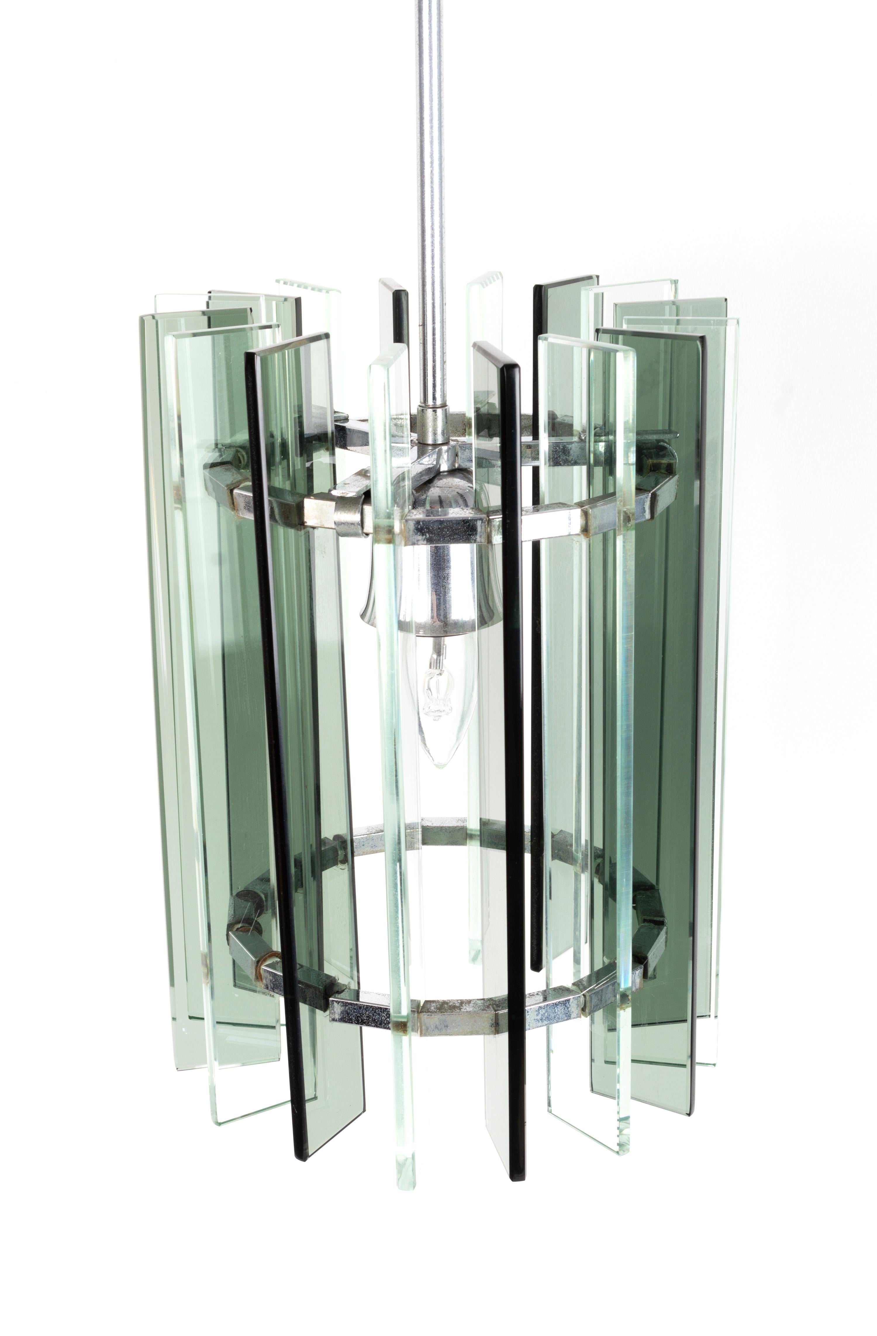 Mid-Century Modern Italian Fontana Arte Style Glass and Nickel Pendant Light For Sale 1