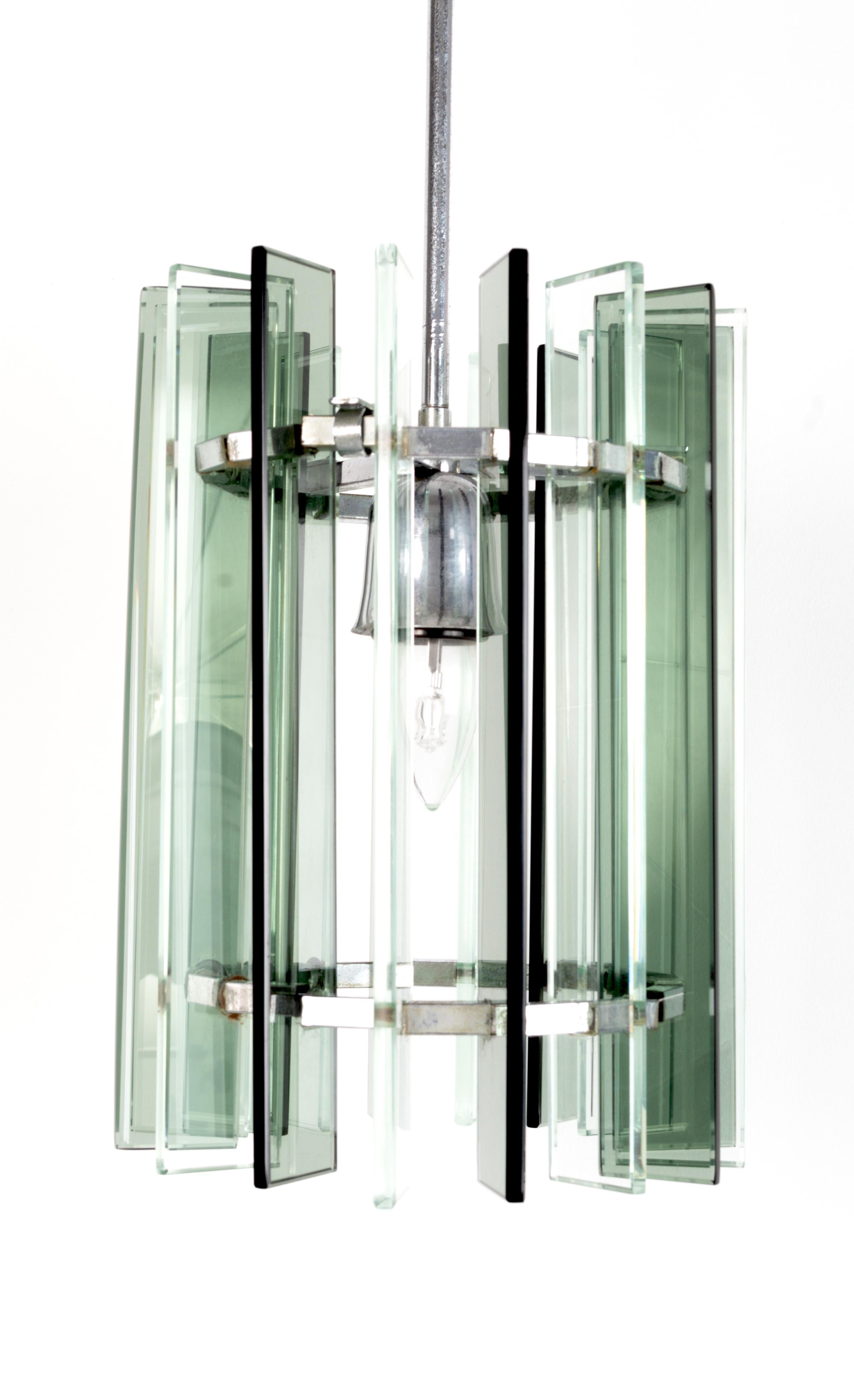 Mid-Century Modern Italian Fontana Arte Style Glass and Nickel Pendant Light For Sale 2