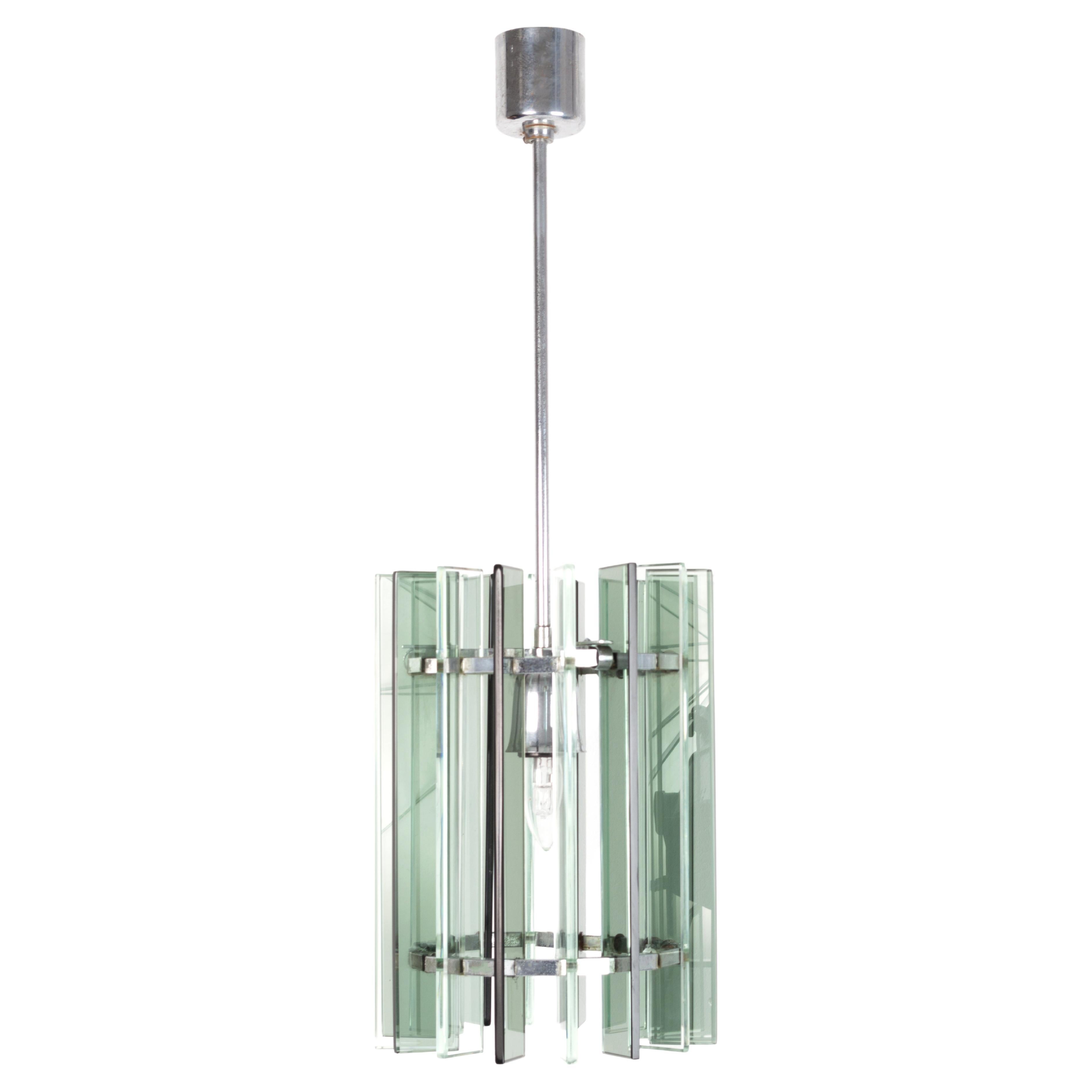 Mid-Century Modern Italian Fontana Arte Style Glass and Nickel Pendant Light For Sale