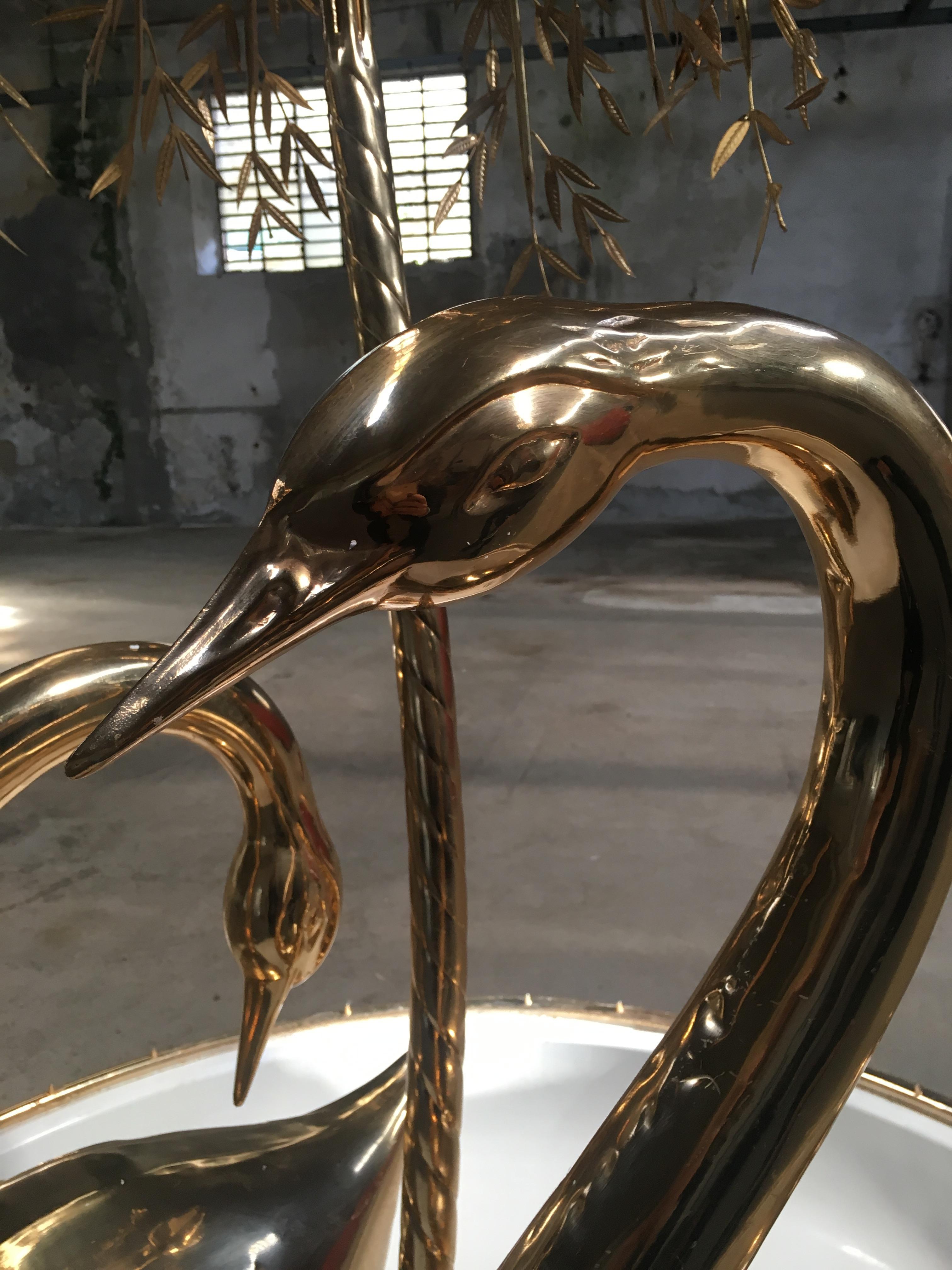 Metal Mid-Century Modern Italian Fountain with Gilt Brass Swans and Weeping Willow For Sale
