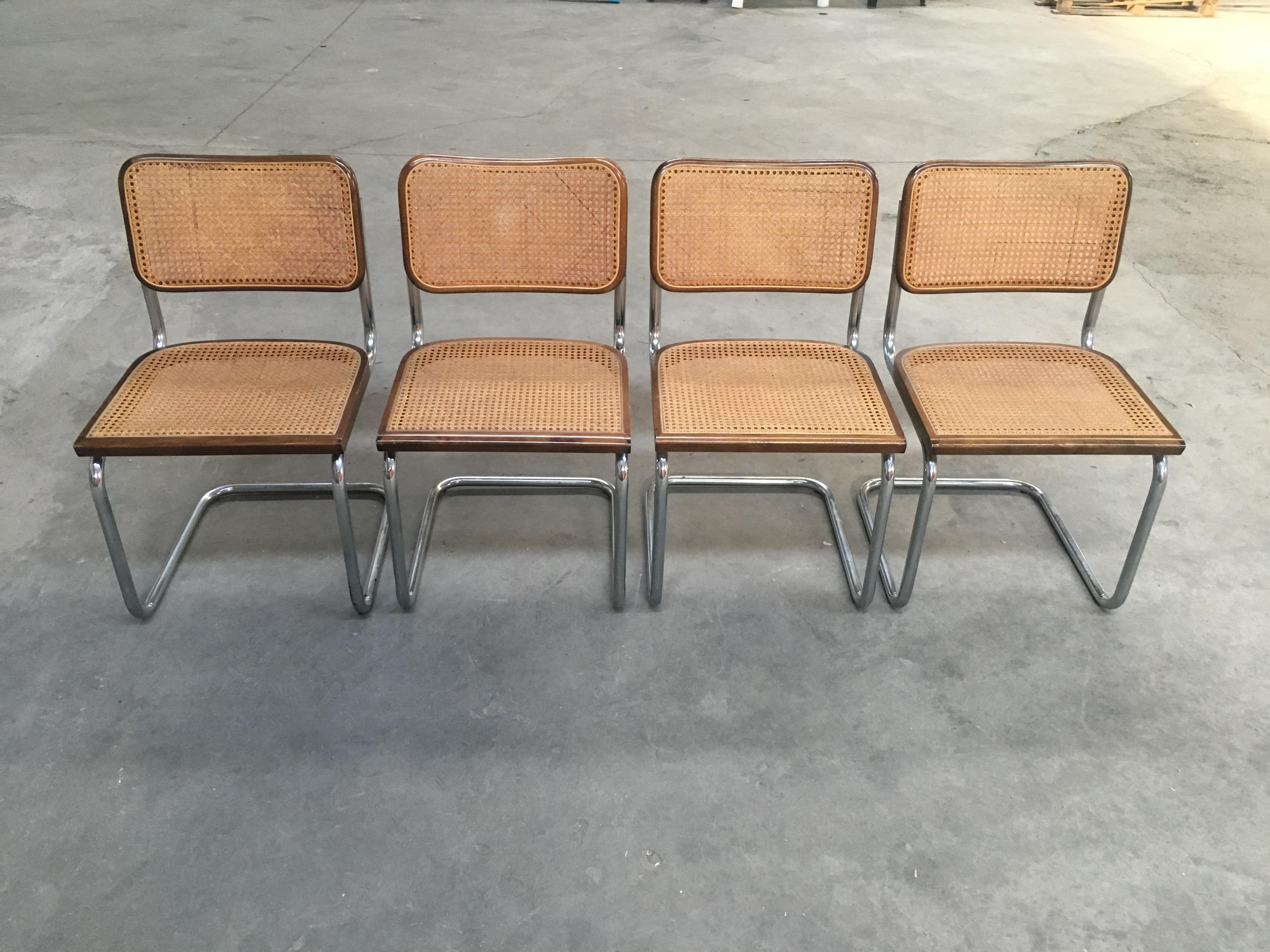 Mid-Century Modern Italian four walnut Cesca chairs by Marcel Breuer, 1970s.