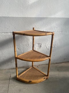 Mid-Century Modern Italian Freestanding Corner Etagere in Bamboo and Rattan