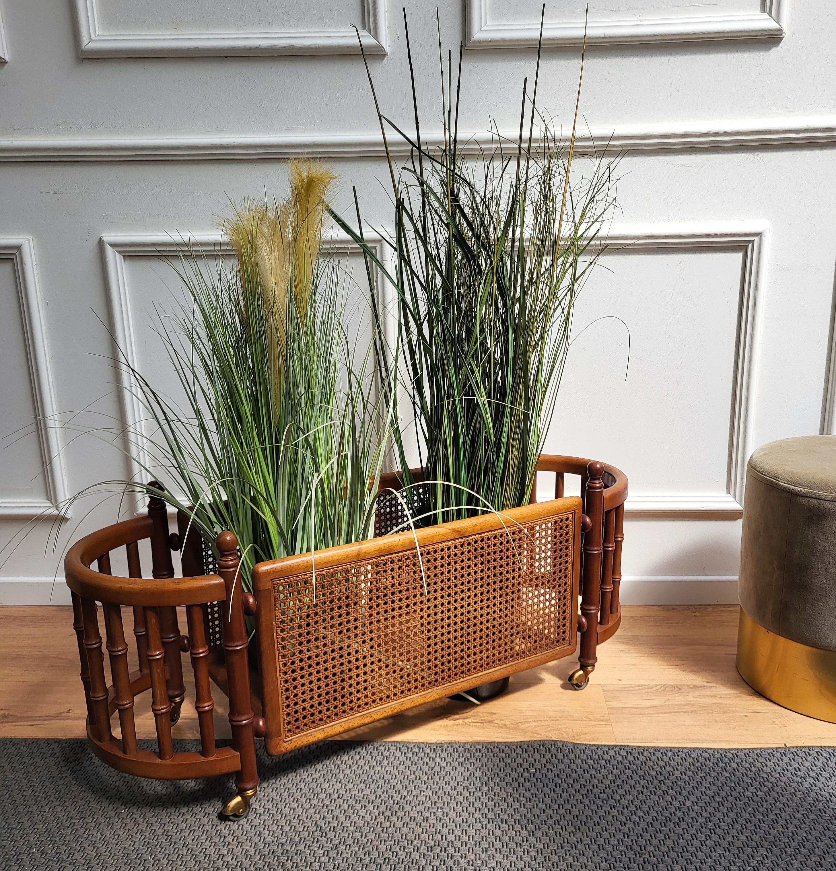 Mid-Century Modern Italian Fruitwood Cane and Brass Cachepot Planter Jardinieres For Sale 1