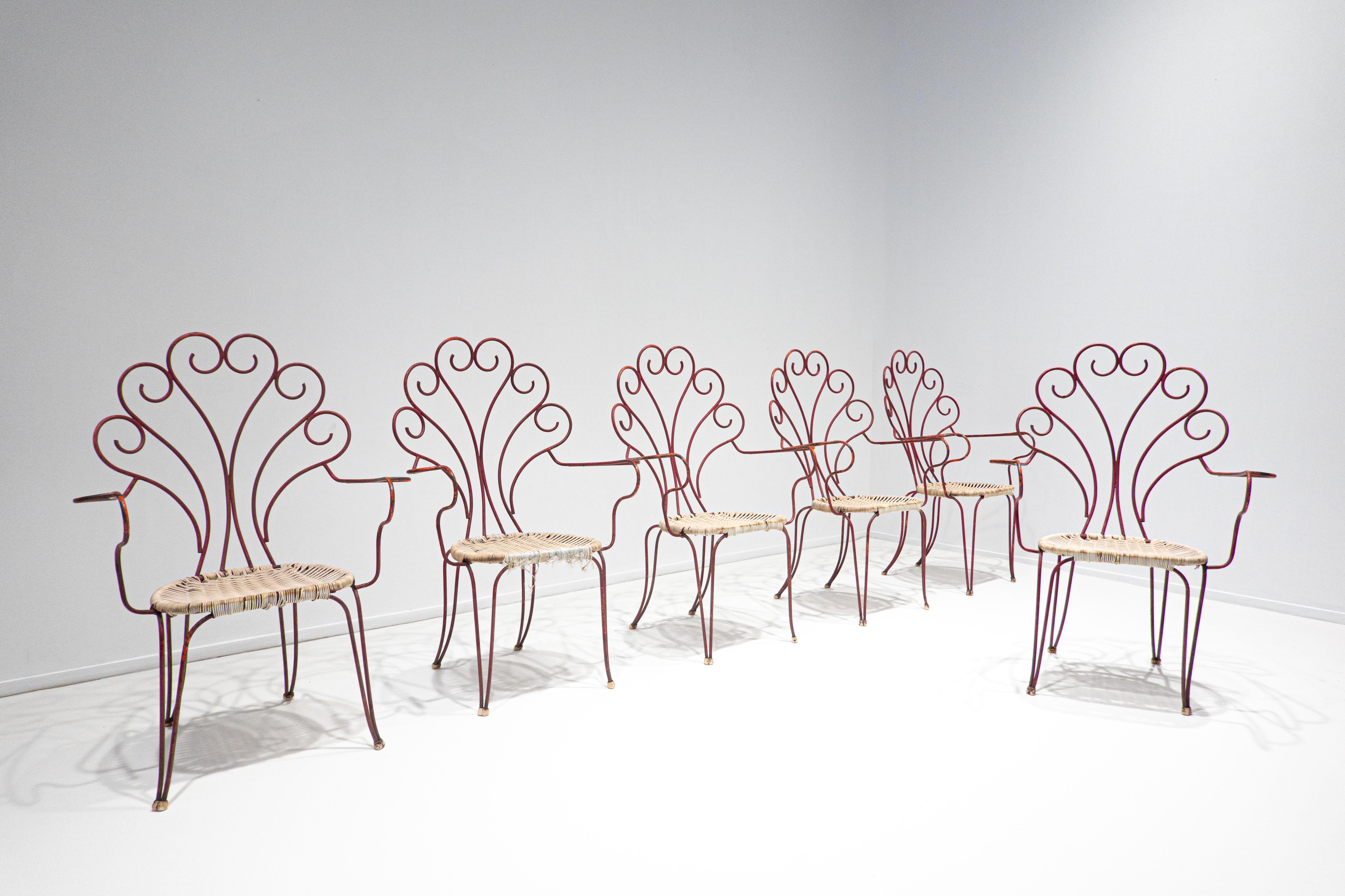 Mid-Century Modern Italian Garden Set, Red Iron, One Table and 6 Chairs, 1950s 4