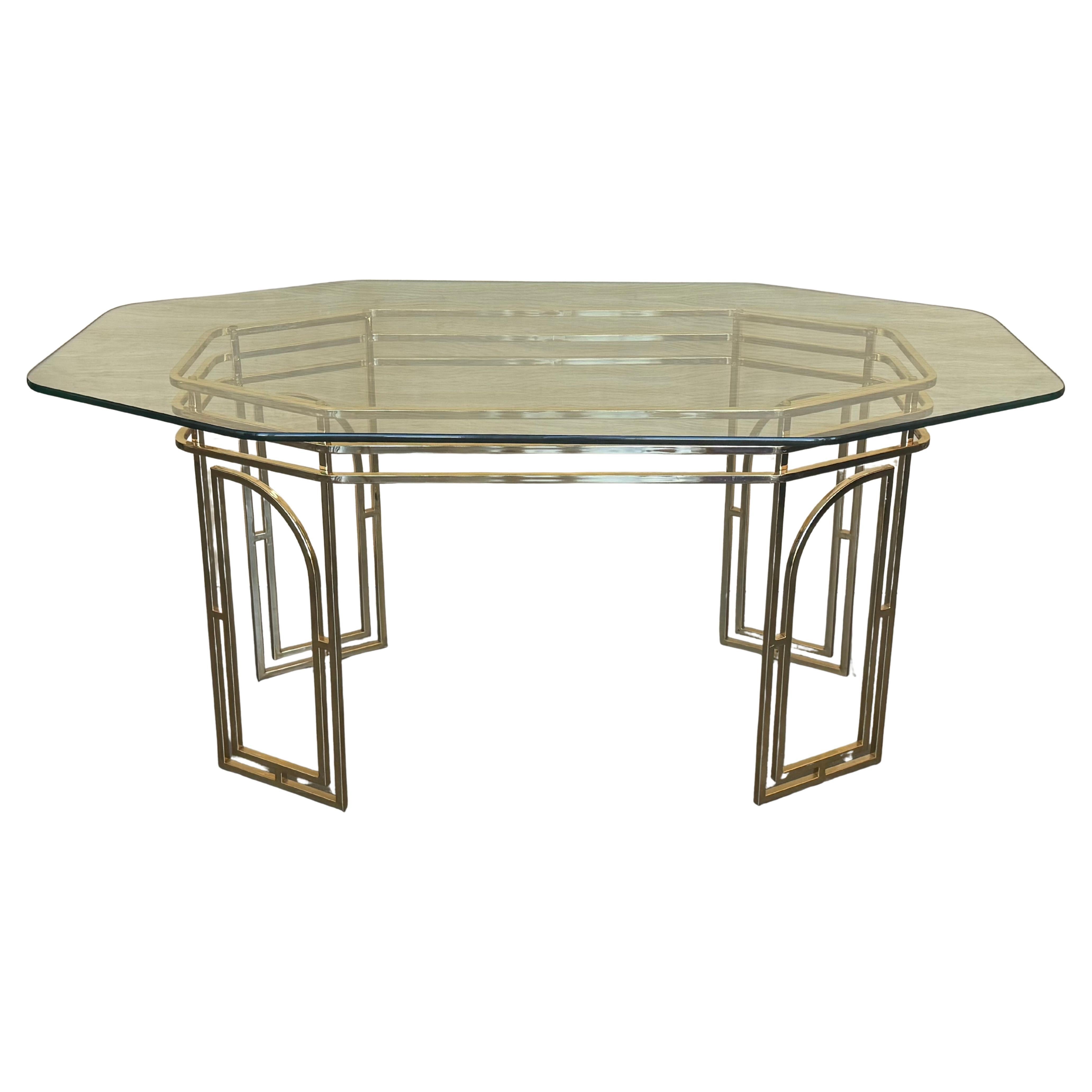 Mid Century Modern Italian Geometrical Brass Dining Table with Glass Top