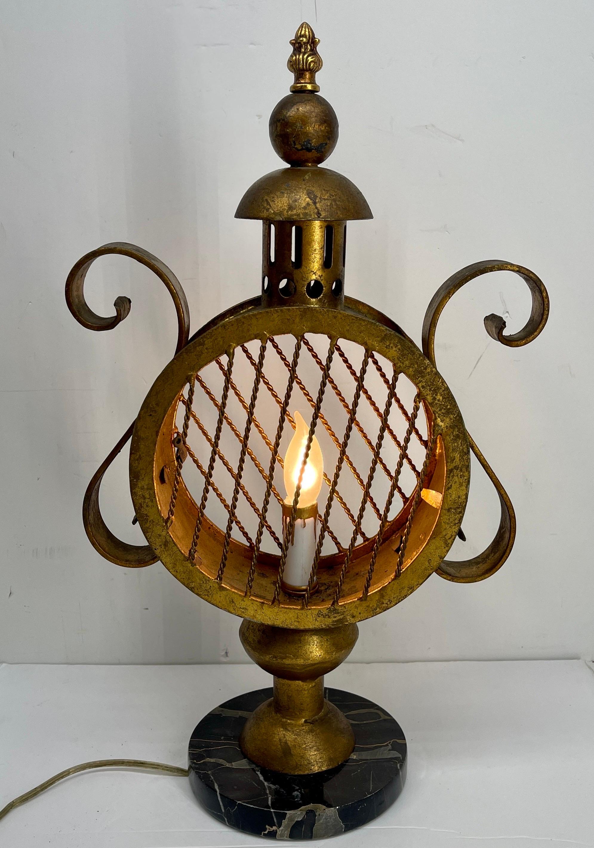 Mid-Century Modern Italian Gilded Brass Lantern Table Lamp For Sale 12