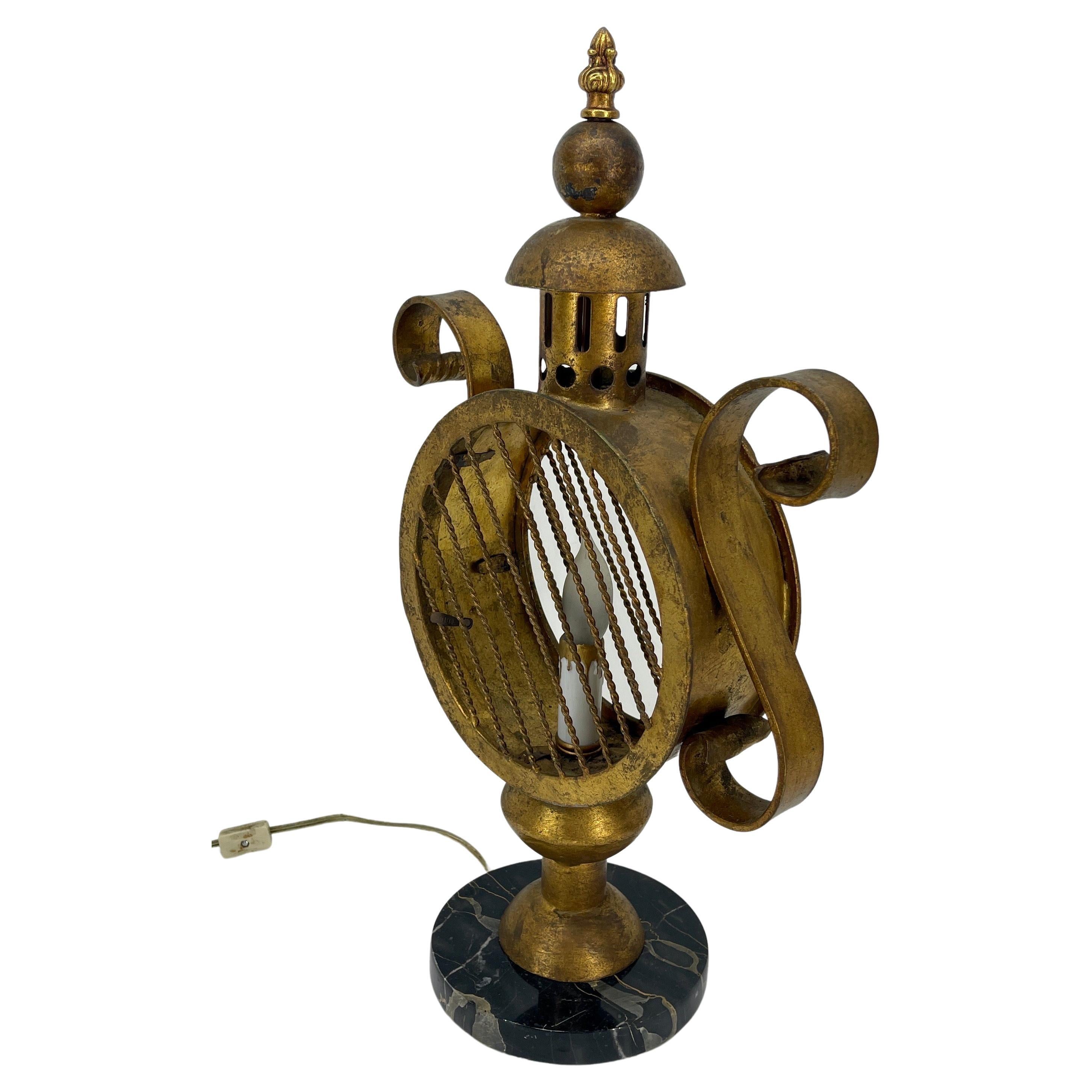 Mid-20th Century Mid-Century Modern Italian Gilded Brass Lantern Table Lamp For Sale