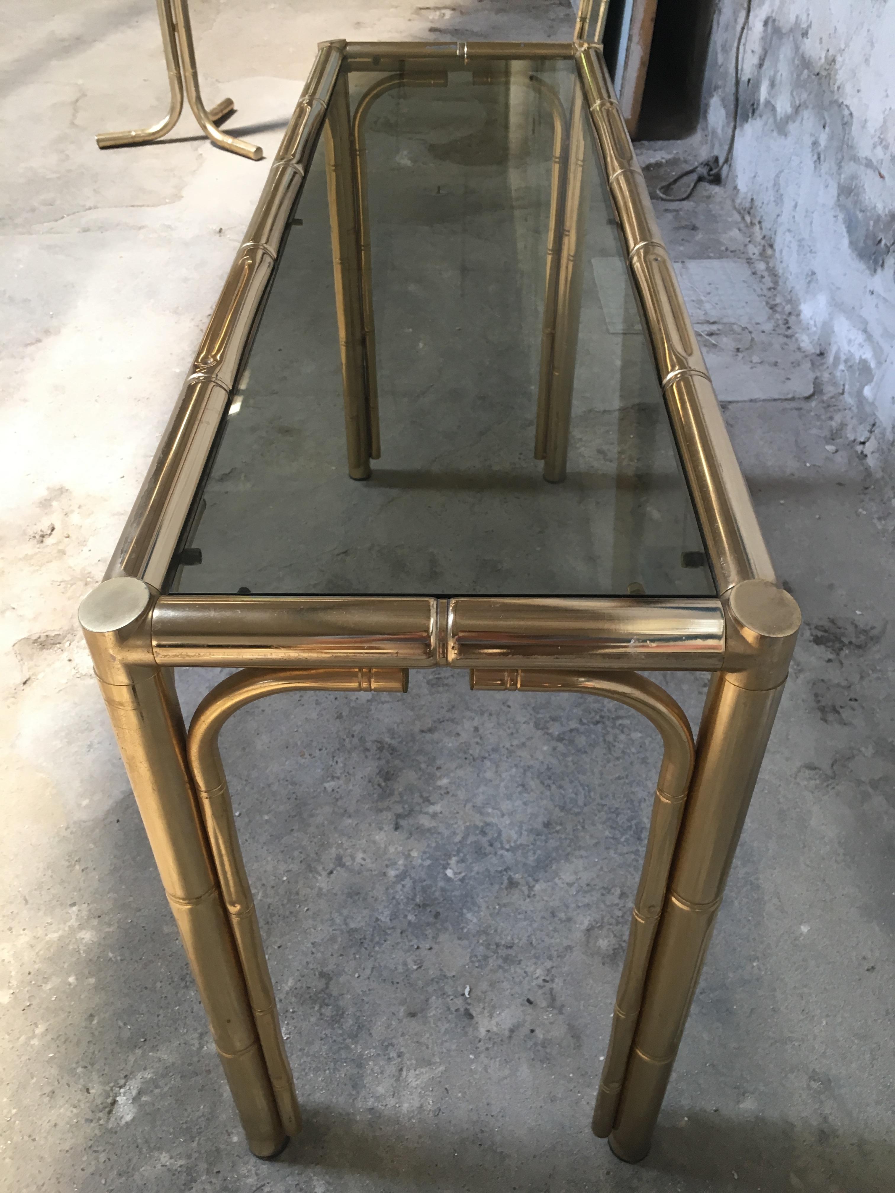 Late 20th Century Mid-Century Modern Italian Gilt Faux Bamboo Console with Smoked Glass Top, 1970s For Sale