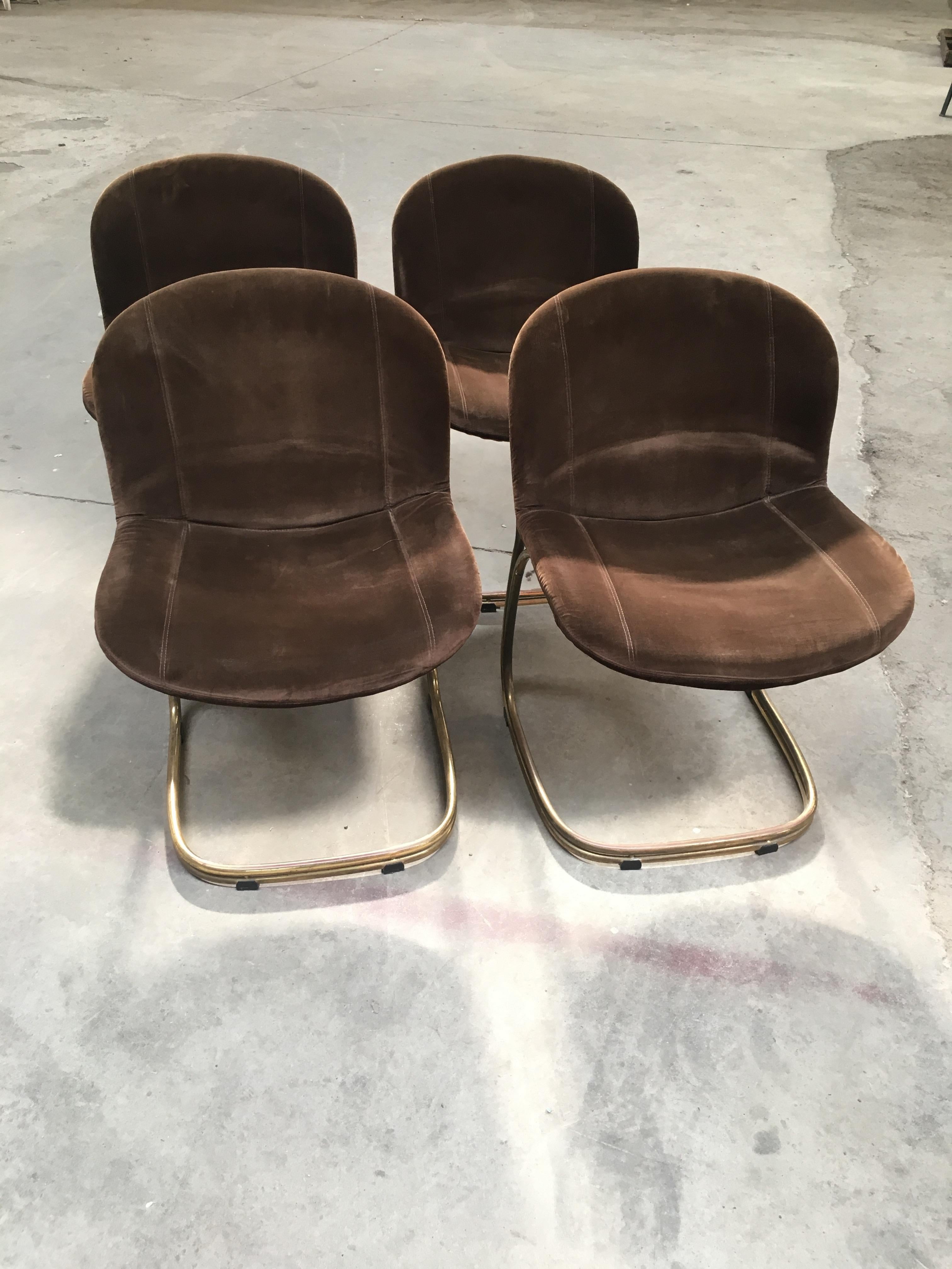 Mid-Century Modern Italian Gilt Metal and Velvet Chairs by Gastone Rinaldi In Good Condition In Prato, IT