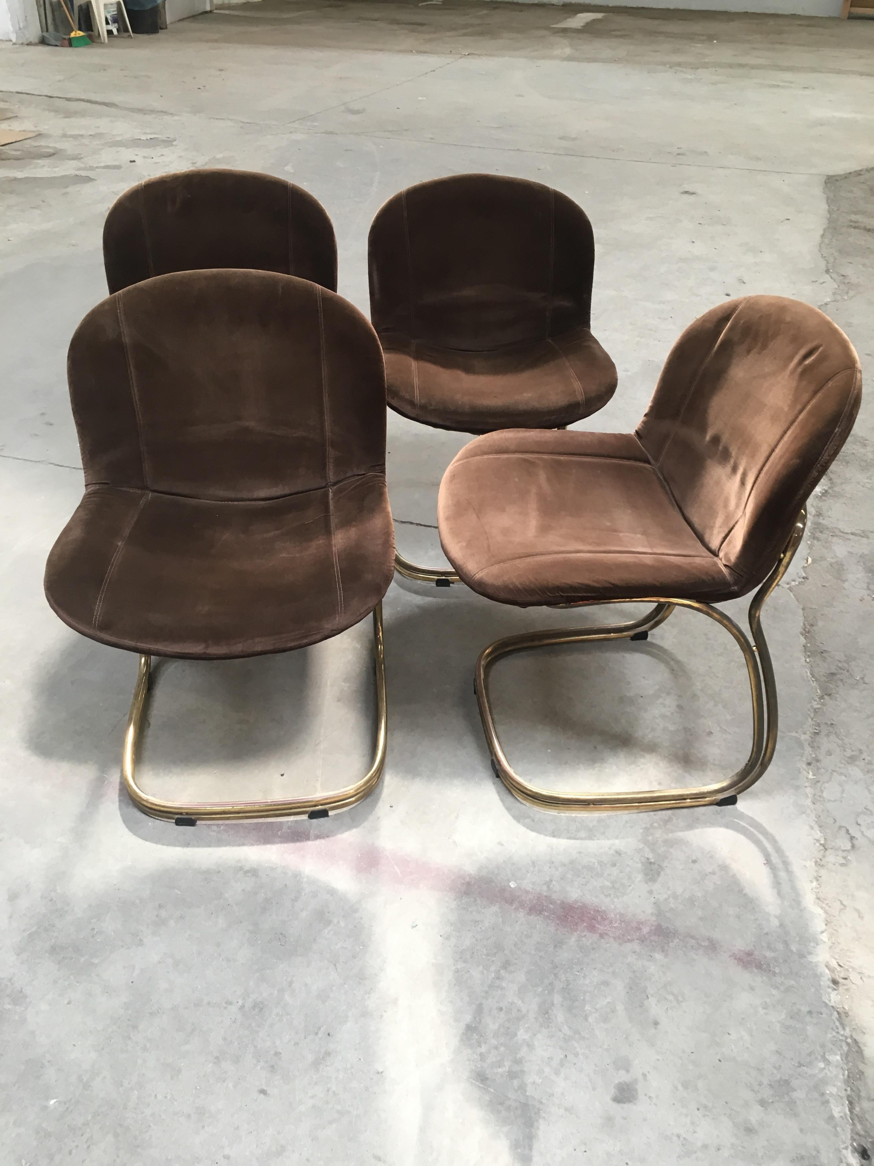 Mid-Century Modern Italian Gilt Metal and Velvet Chairs by Gastone Rinaldi 1