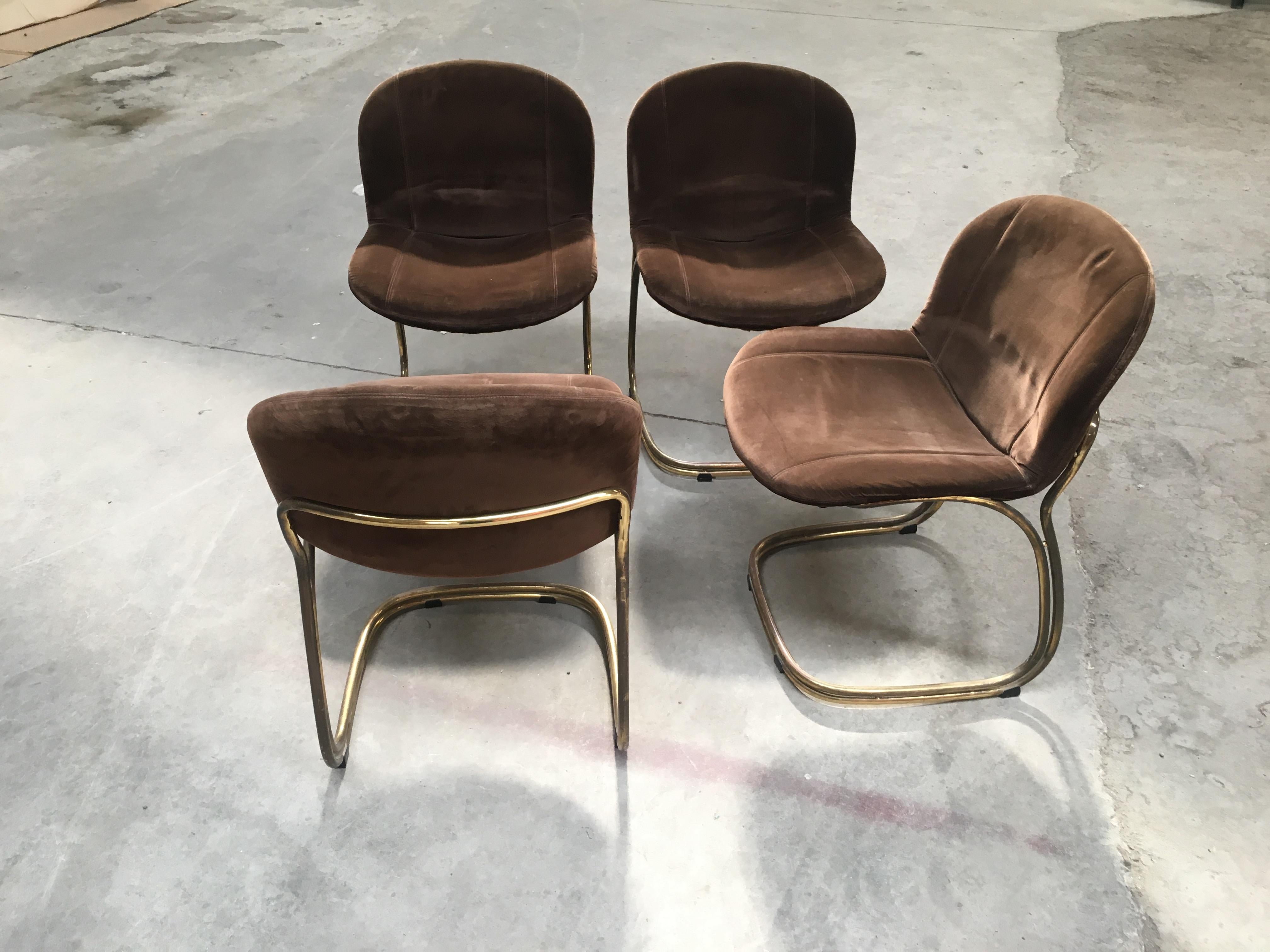 Mid-Century Modern Italian Gilt Metal and Velvet Chairs by Gastone Rinaldi 2