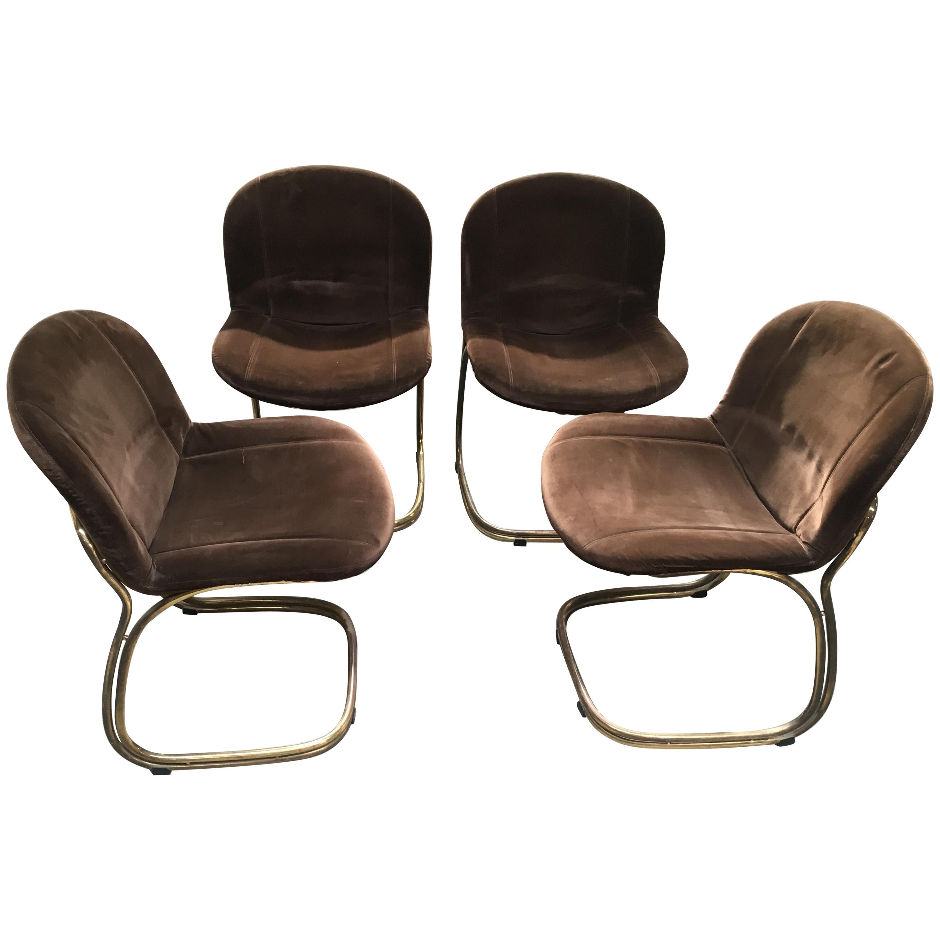 Mid-Century Modern Italian Gilt Metal and Velvet Chairs by Gastone Rinaldi