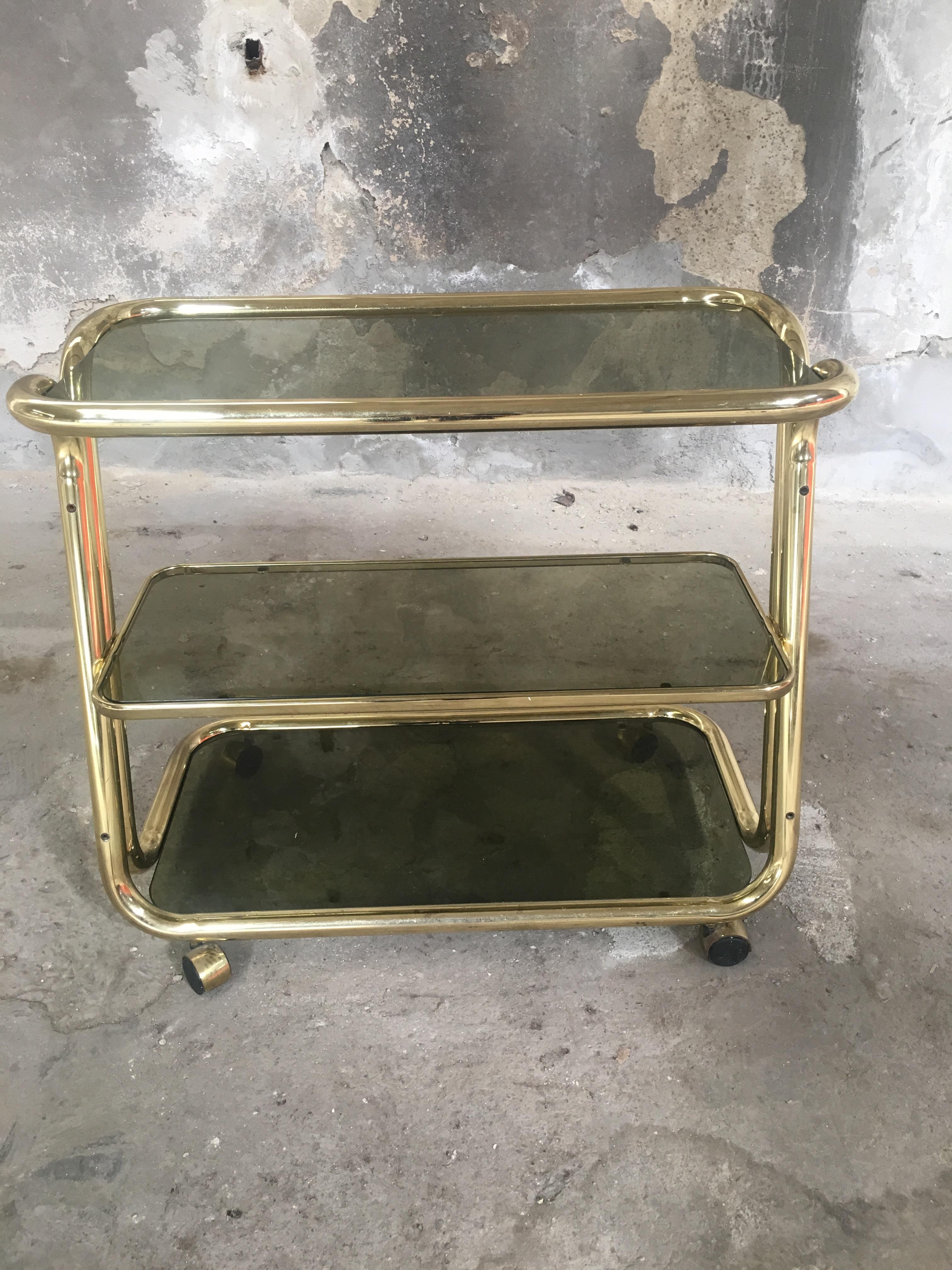 Late 20th Century Mid-Century Modern Italian Gilt Metal Bar Cart with Smoked Glass Shelves, 1970s For Sale