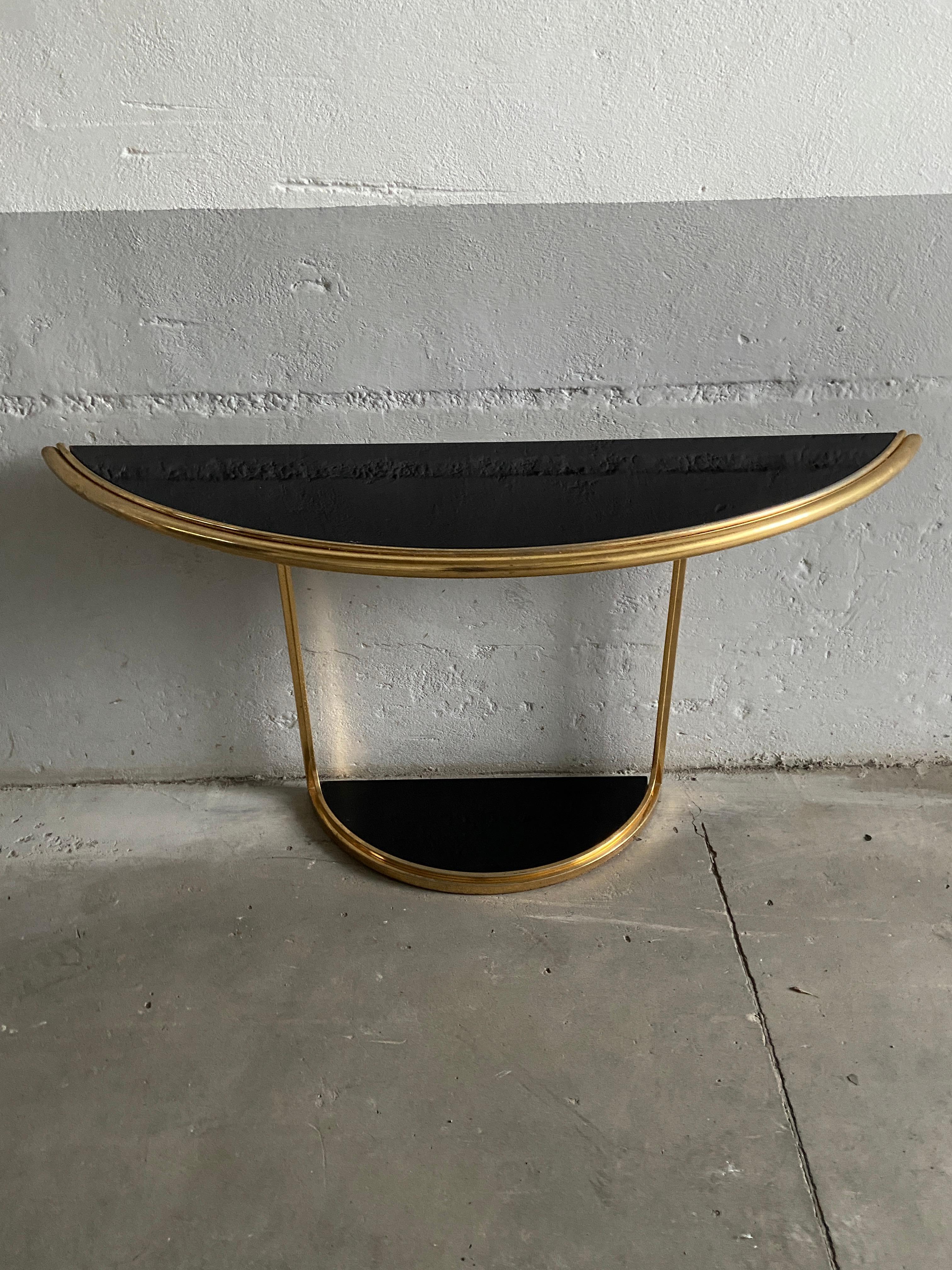 Late 20th Century Mid-Century Modern Italian Gilt Metal Console Table with Black Glass Top, 1970s