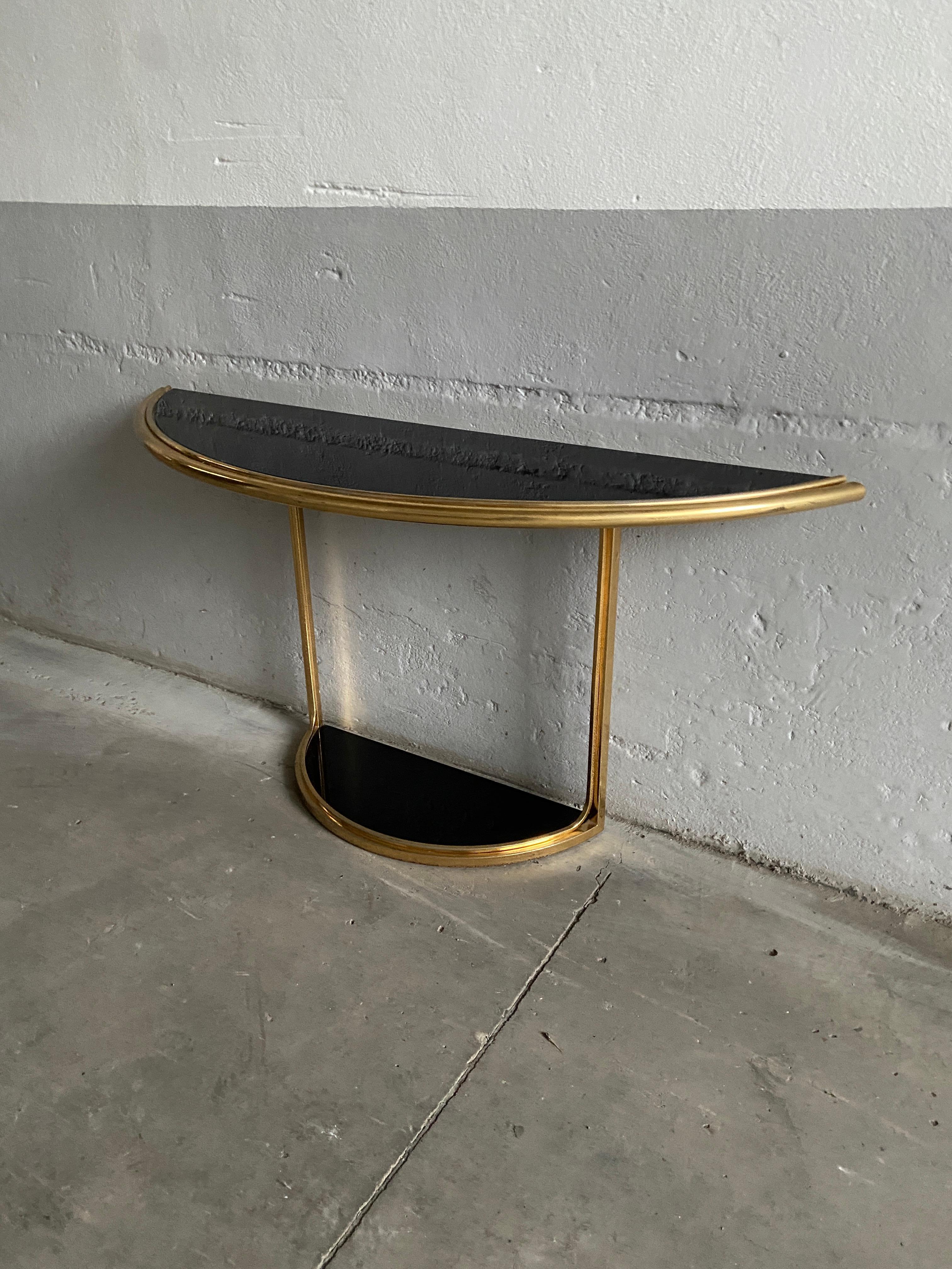 Mid-Century Modern Italian Gilt Metal Console Table with Black Glass Top, 1970s 1