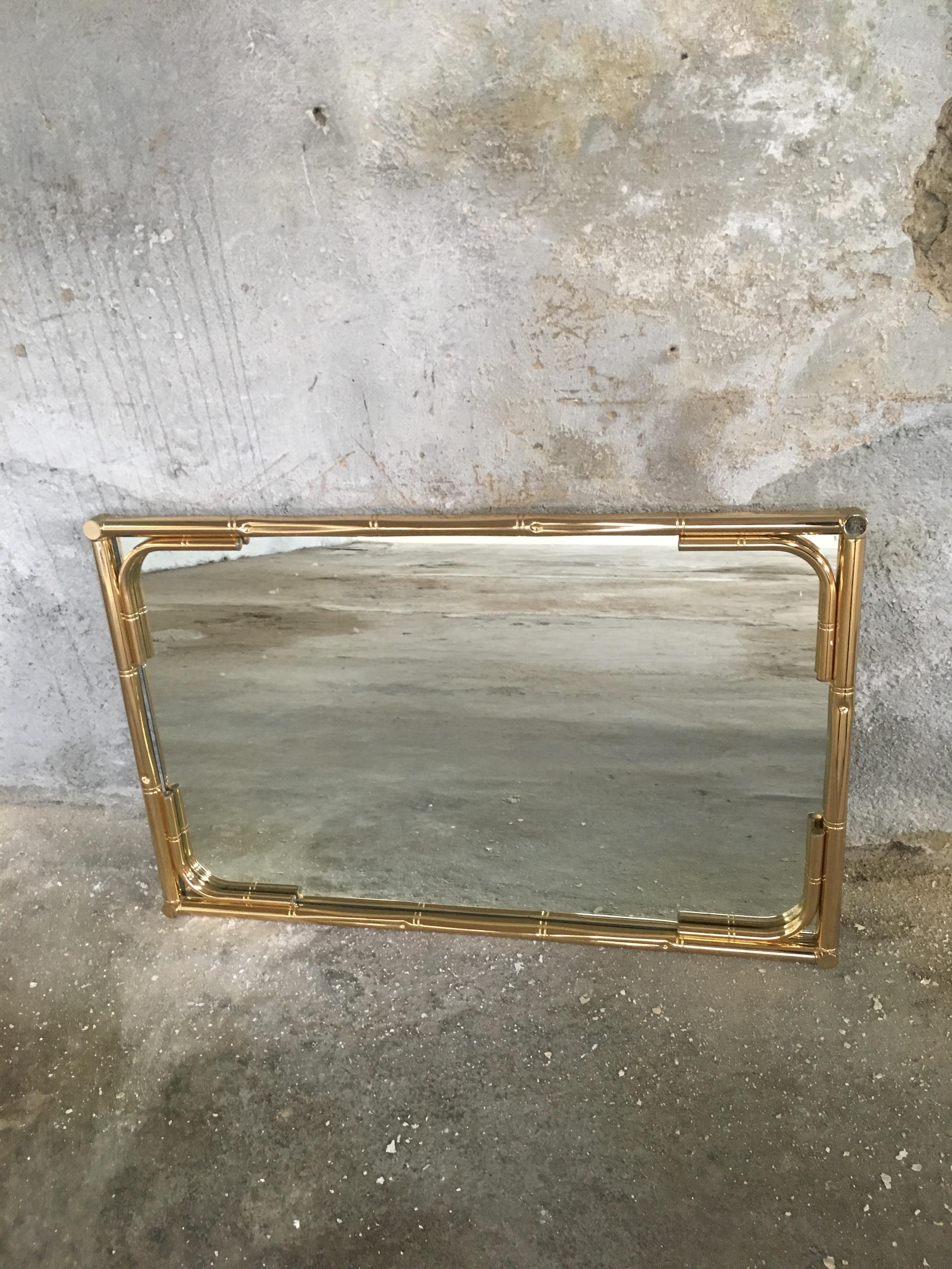 Mid-Century Modern Italian Gilt Metal Faux Bamboo Framed Mirror, 1970s In Good Condition In Prato, IT