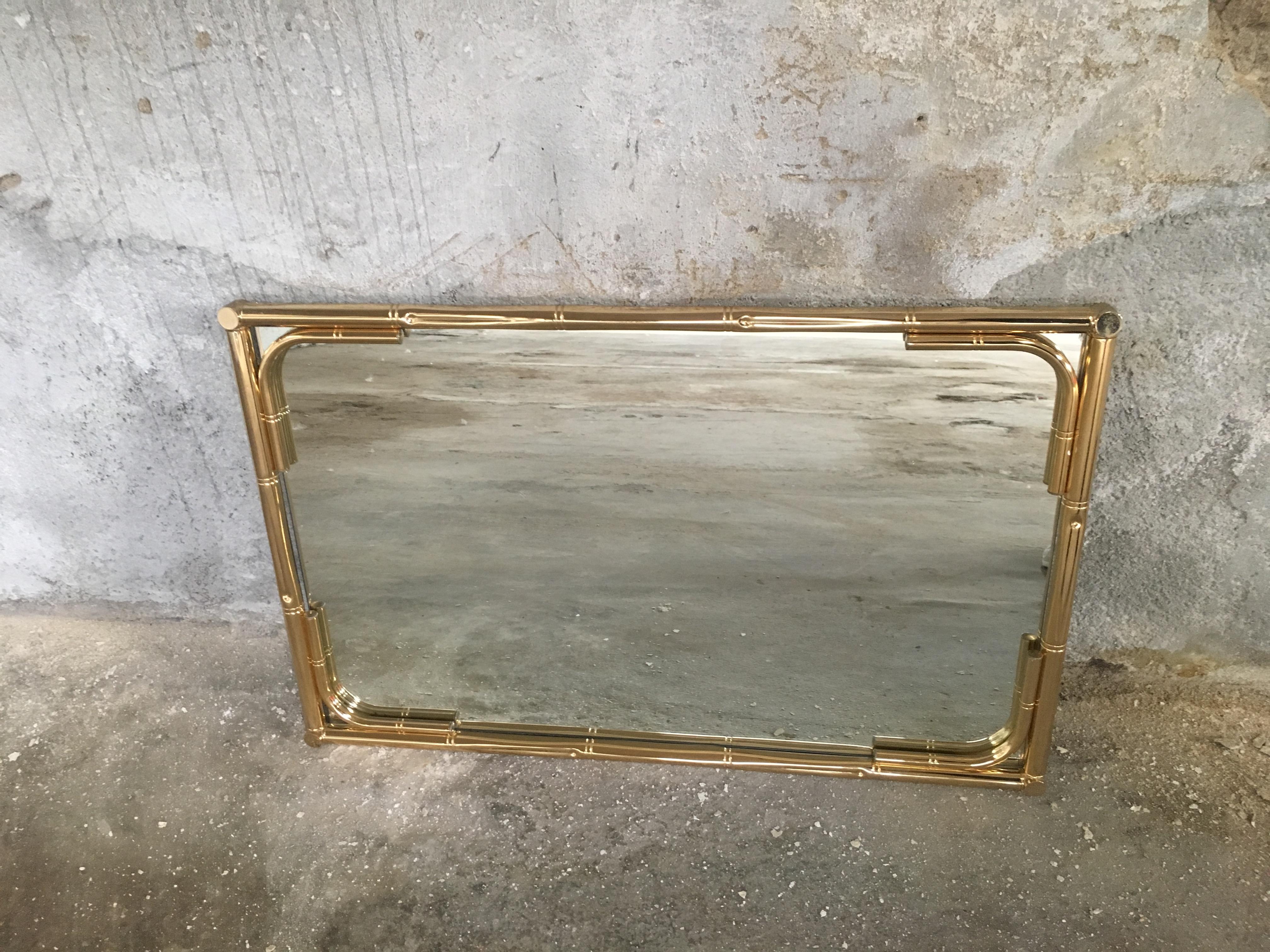 Late 20th Century Mid-Century Modern Italian Gilt Metal Faux Bamboo Framed Mirror, 1970s