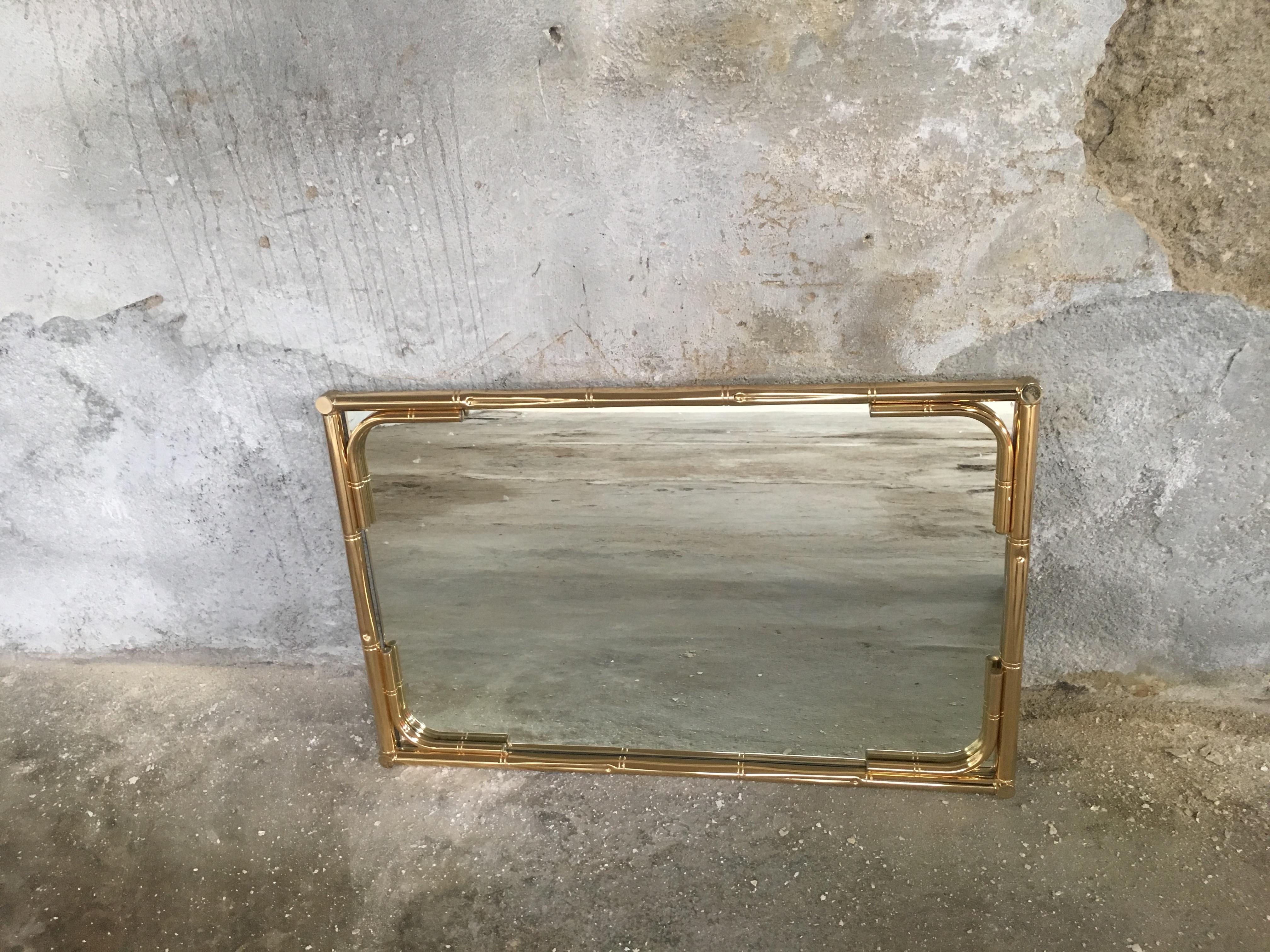 Mid-Century Modern Italian Gilt Metal Faux Bamboo Framed Mirror, 1970s 1