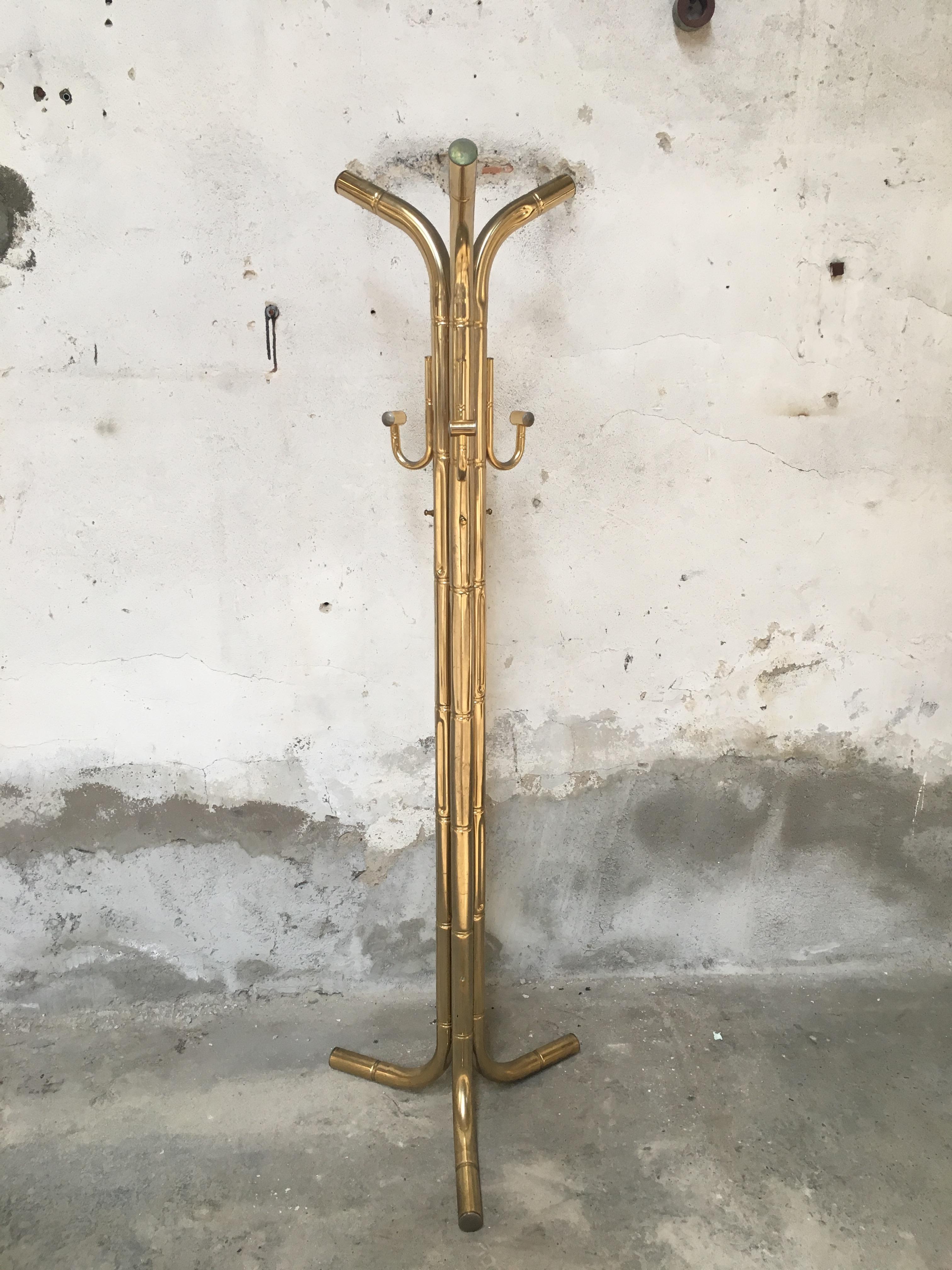 Mid-Century Modern Italian gilt metal faux bamboo free standing coat rack, 1970s.