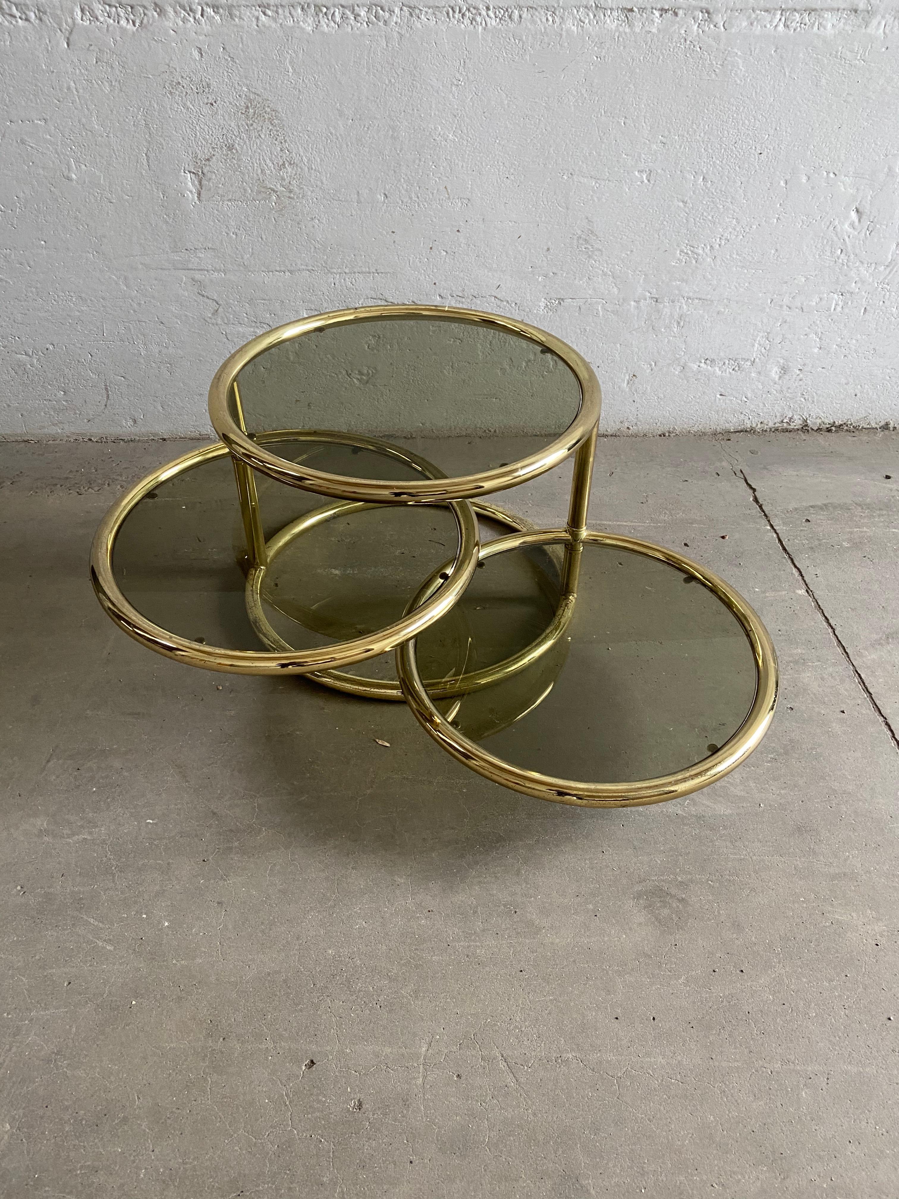 Brass Mid-Century Modern Italian Gilt Metal Round Coffee Table with Adjustable Shelves