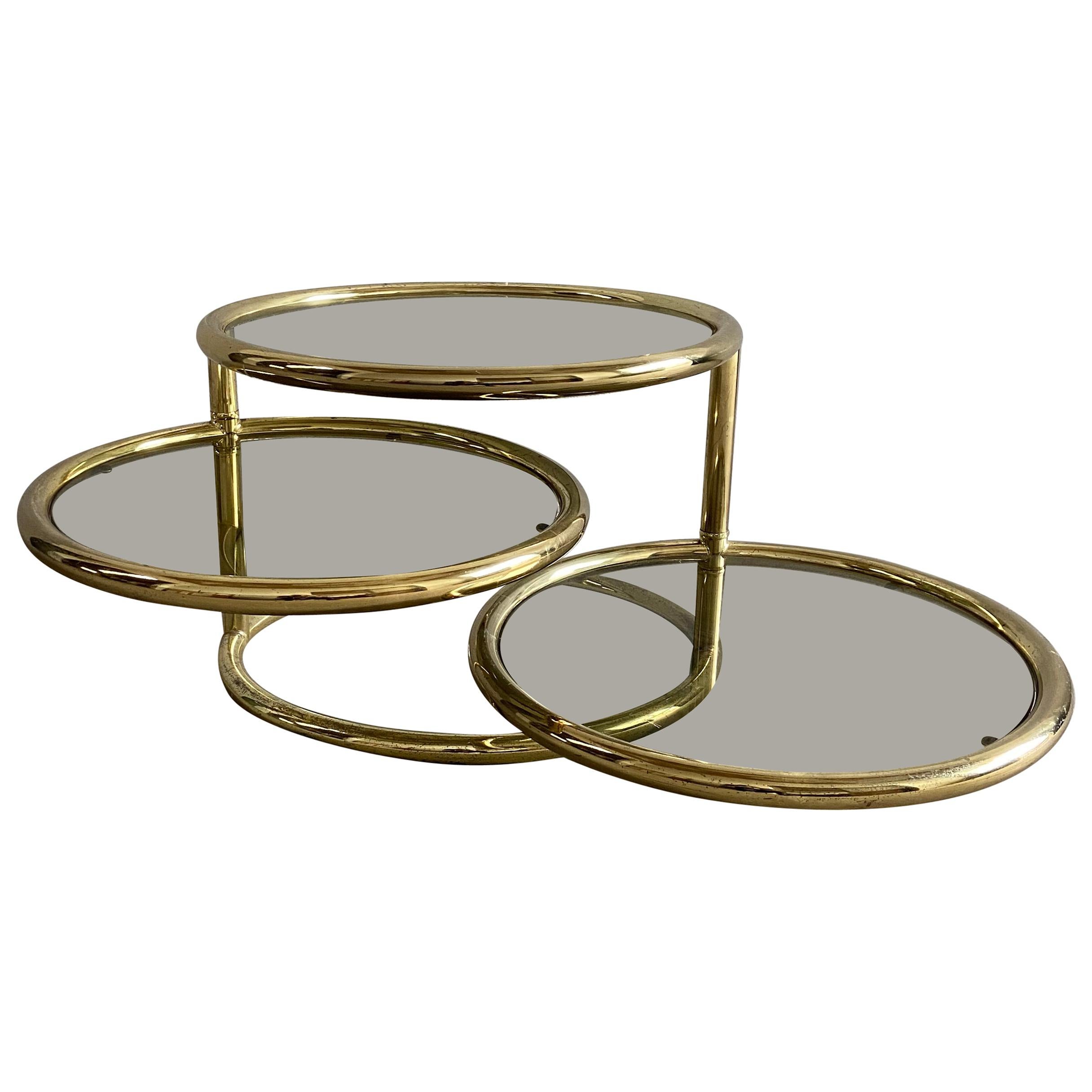 Mid-Century Modern Italian Gilt Metal Round Coffee Table with Adjustable Shelves