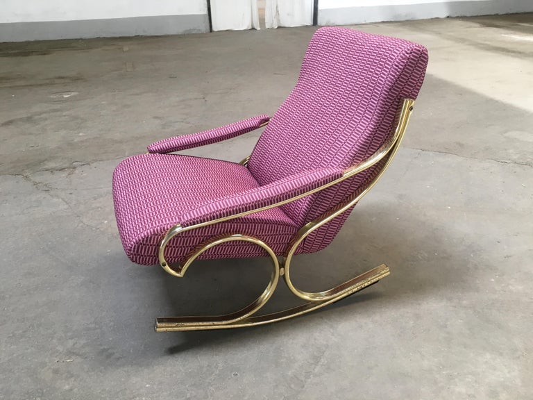 Mid-Century Modern Italian gilt metal rocking chair reupholstered with vintage Rubelli fabric.
