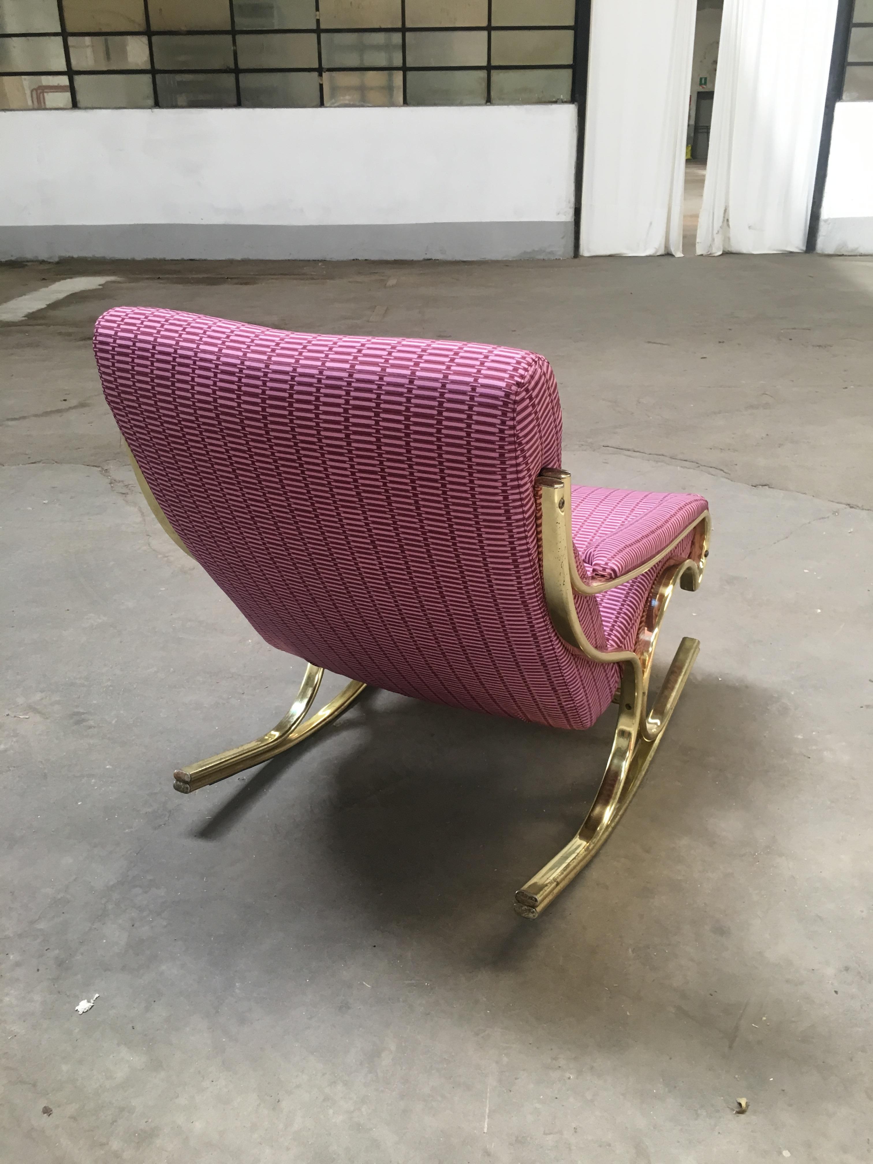 Late 20th Century Mid-Century Modern Italian Gilt Metal Upholstered Rocking Chair, 1970s For Sale