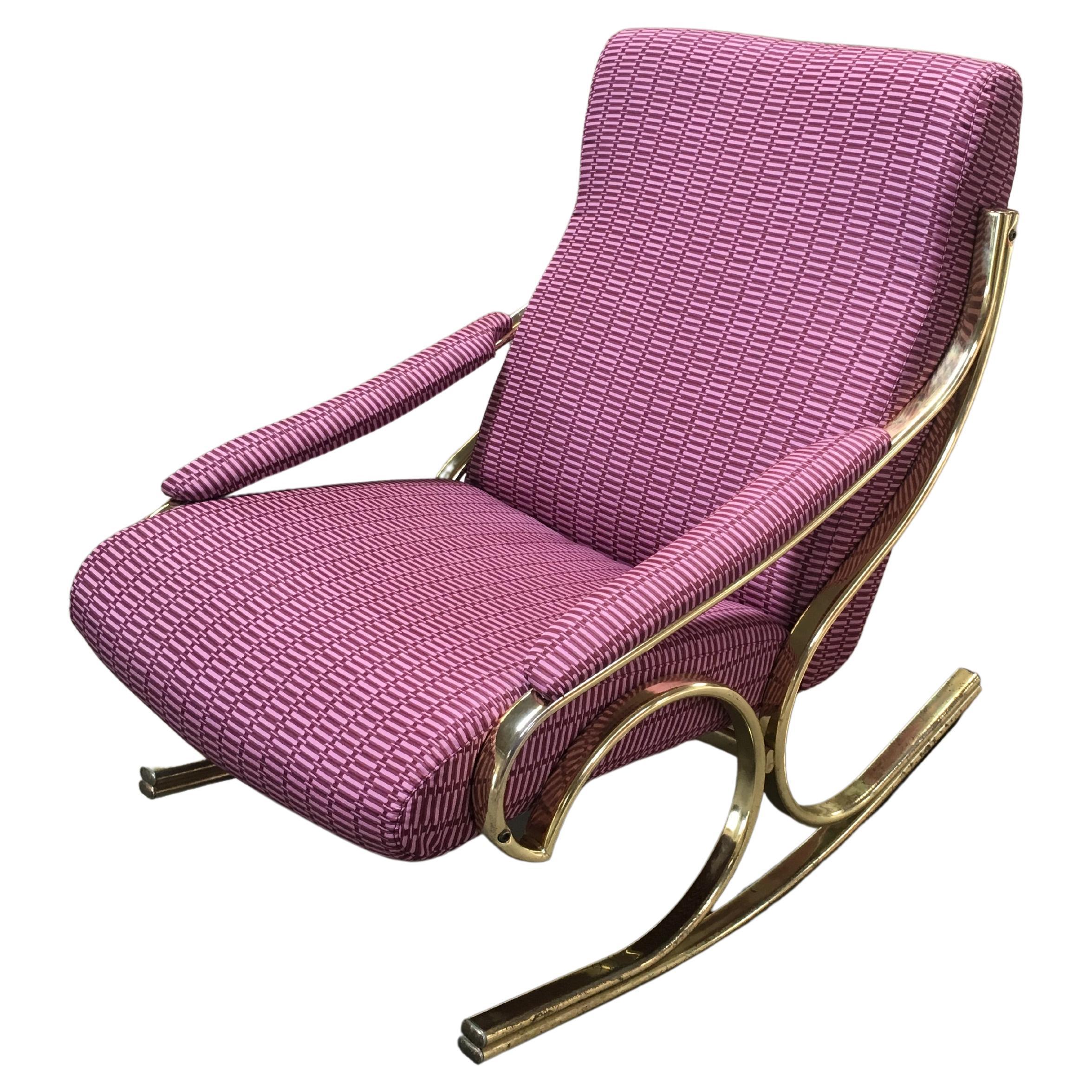 Mid-Century Modern Italian Gilt Metal Upholstered Rocking Chair, 1970s For Sale