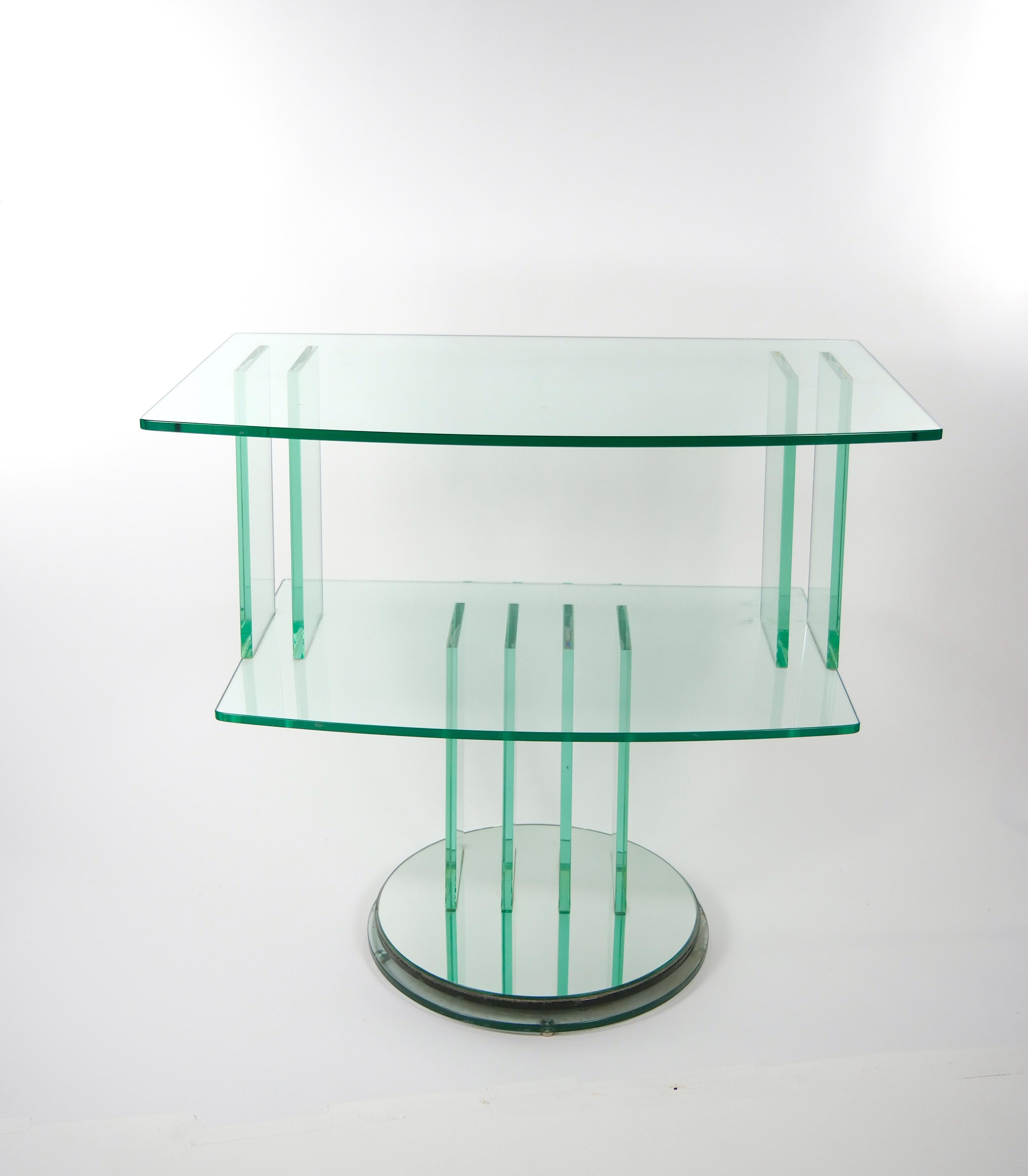 Art Deco Mid Century Modern Italian Glass Shelves / Mirrored Base Swivel Bar Cart For Sale