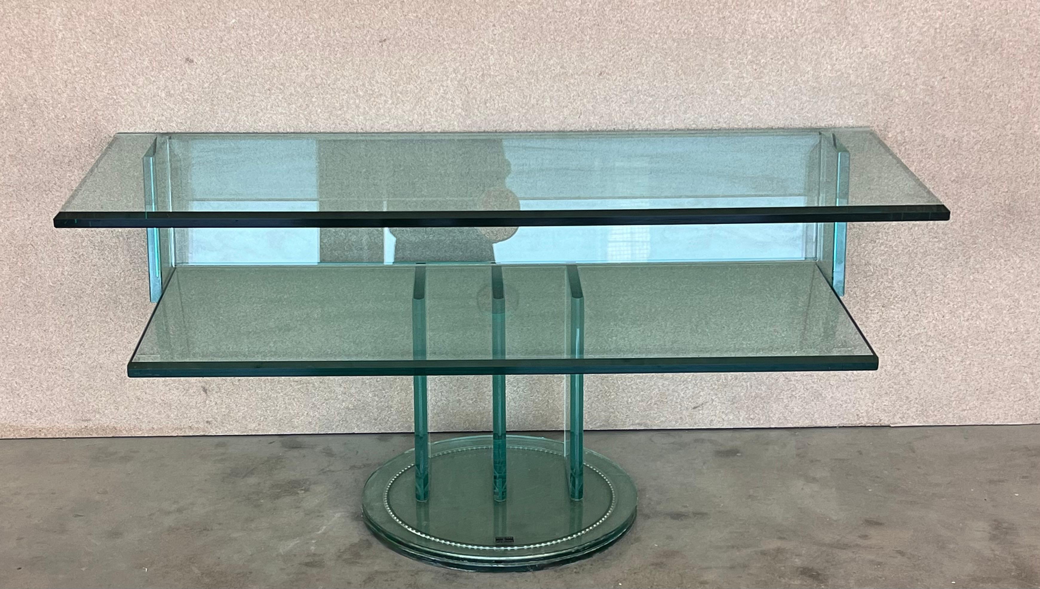 European Mid Century Modern Italian Glass Shelves / Mirrored Base Swivel Bar Cart For Sale