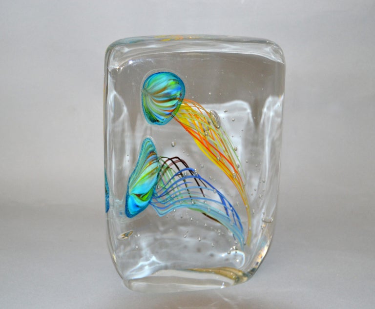 Mid-Century Modern splendid aquarium with two colorful fish and controlled bubble by Murano.
Made in Italy in the late 1970s.
A very heavy glass sculpture.