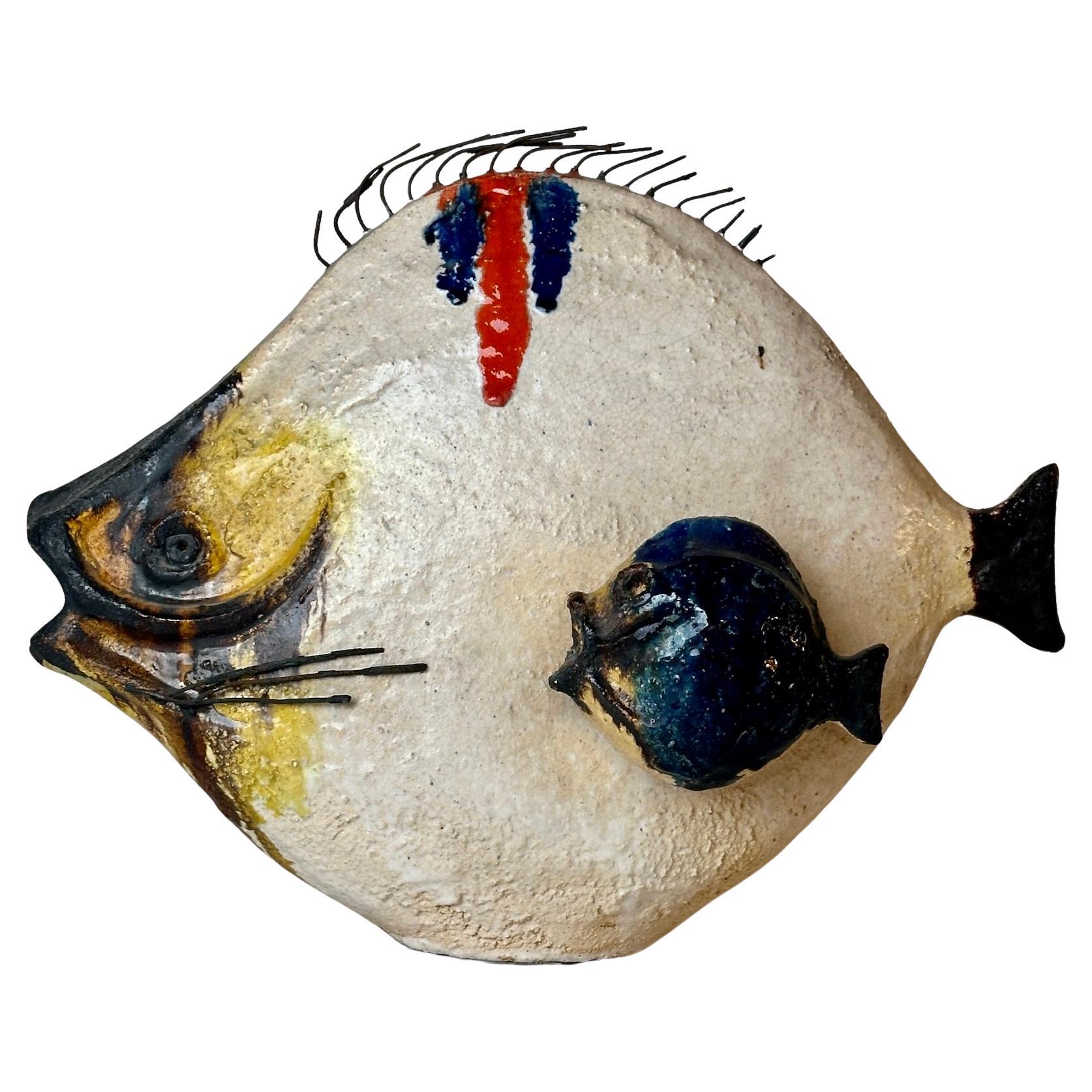 Moderne italienische glasierte Keramik-Fischskulptur aus der Mitte des Jahrhunderts von Ivo De Santis