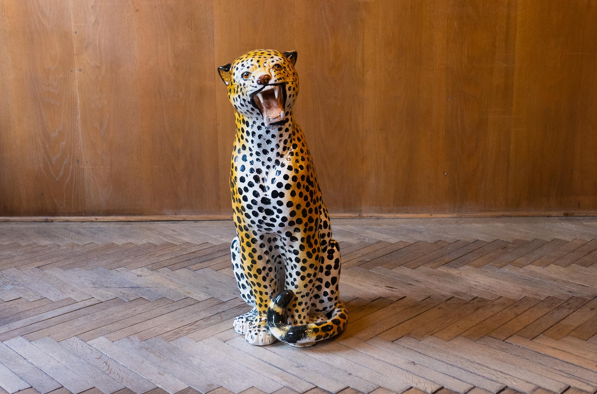 Mid-Century Modern Italian Glazed Ceramic Leopard Sculpture, Italy, 1970s In Good Condition In Vienna, AT