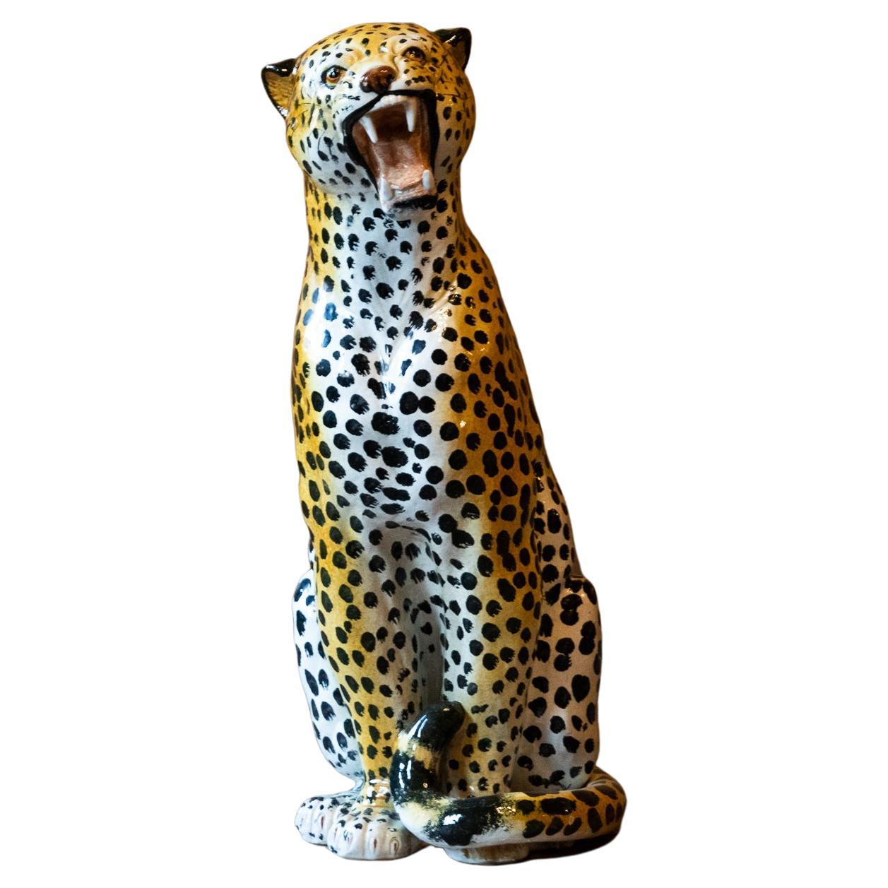 Mid-Century Modern Italian Glazed Ceramic Leopard Sculpture, Italy, 1970s