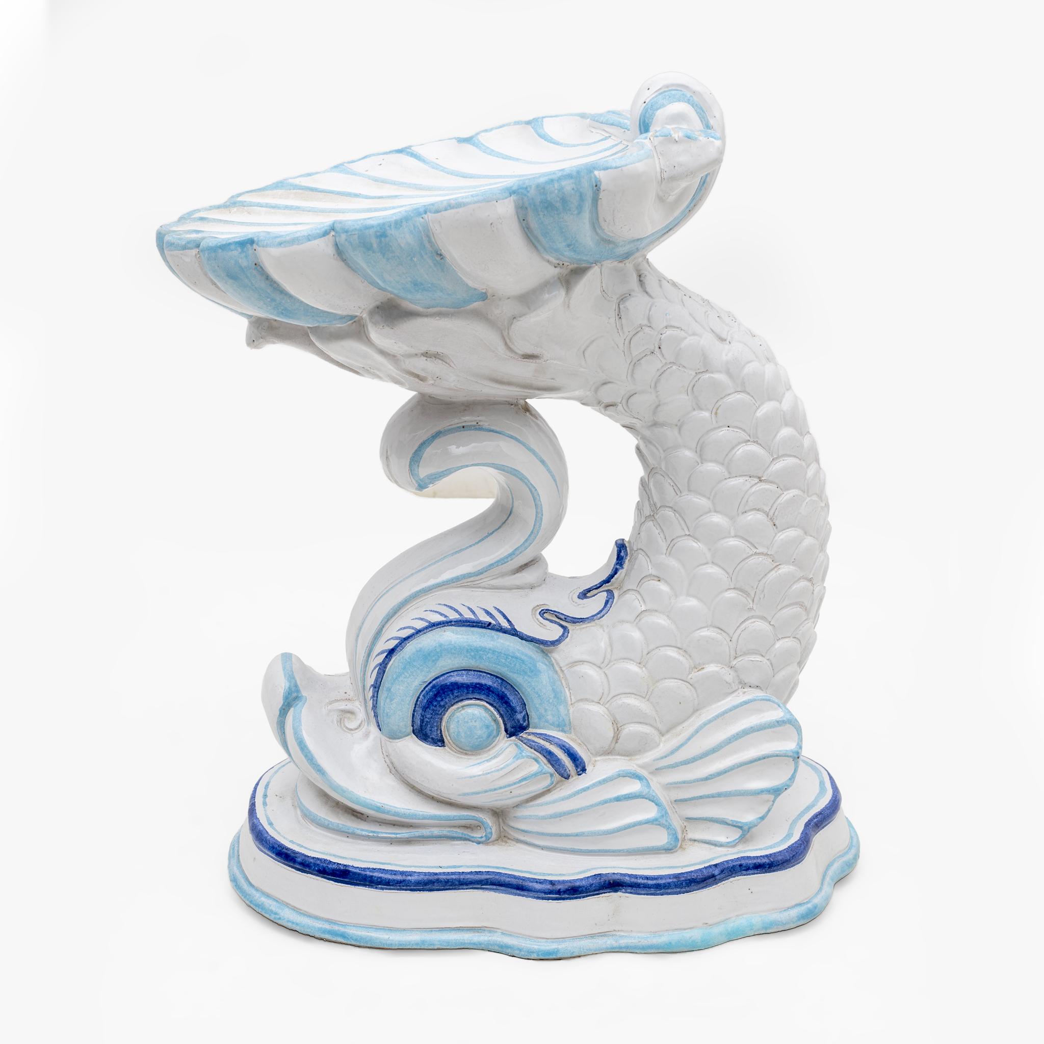 Majolica Mid-century Modern Italian Glazed Terracotta Dolphin Garden Stool, 1960s