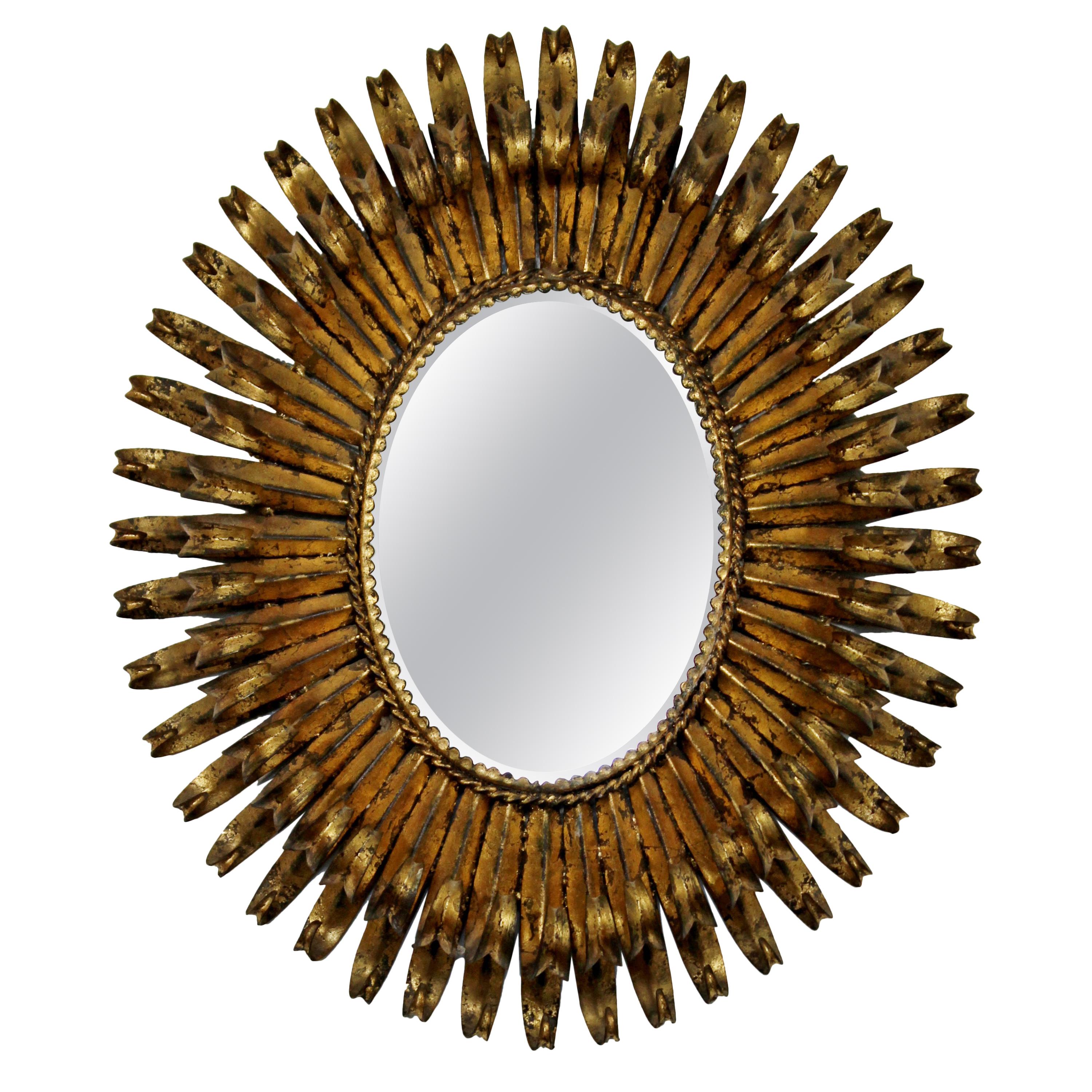 Mid-Century Modern Italian Gold Gilt Metal Oval Wall Mirror Sculpture, 1960s